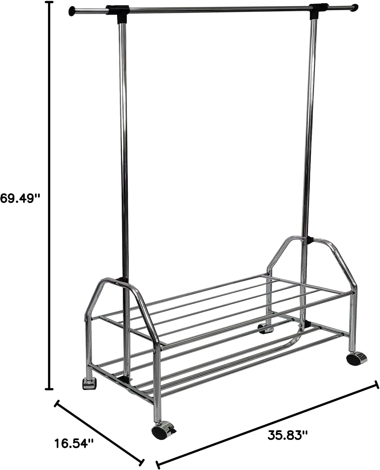 Chrome Metal Clothes Rack Extendable Bar Adjustable Garment Rail with Wheels Freestanding Wardrobe Storage Organizer for Bedroom Closet Silver