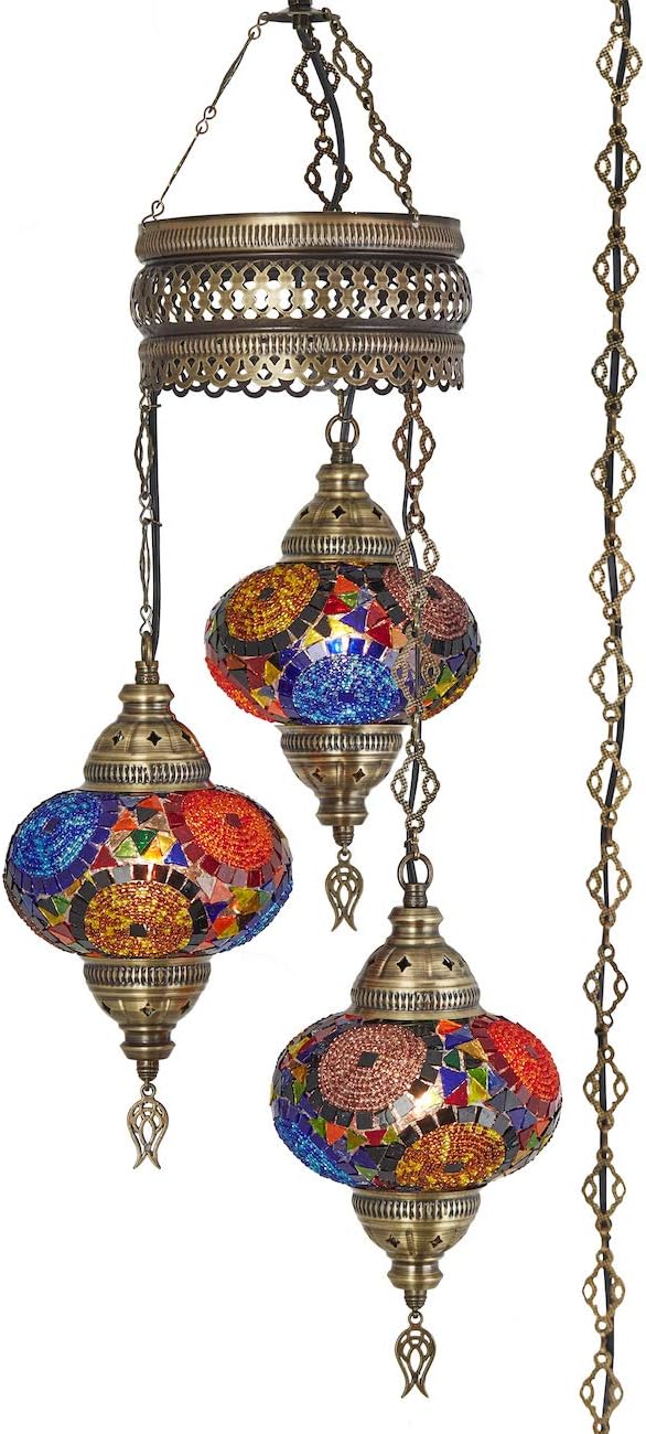 DEMMEX Plug-in Turkish Hanging Lamp, Handmade Moroccan Mosaic Chandelier Pendant Light Fixture with 15-ft Cord & Chain, Decorative Ceiling Lamp for Living Room, Bedroom, 3 Large 7'' Globes, 3.5 ft.