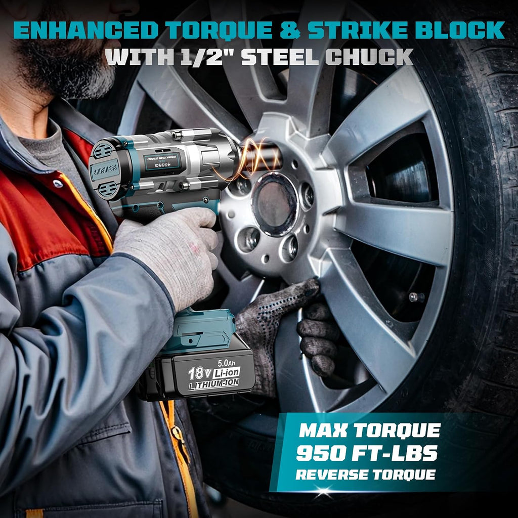 Cerycose Cordless Impact Wrench 1/2 inch for Makita Battery, 900Ft-lbs Brushless High Torque Impact Gun with 2x5.0AH Battery