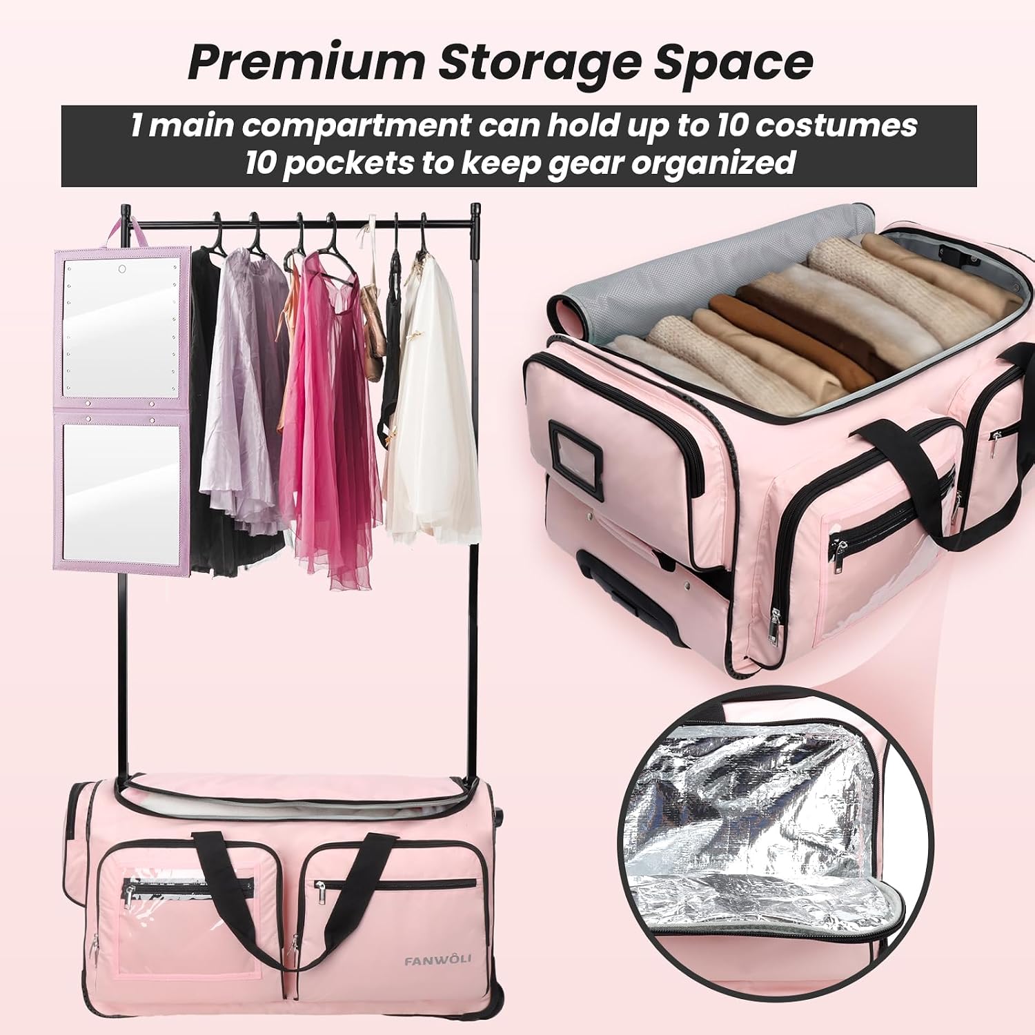 Fanwoli 23' Dance Bag with Garment Rack | Upgraded Stable System & Fabric | More Lightweight & Wear-Resistant | Ideal Competition Rolling Duffle Bag