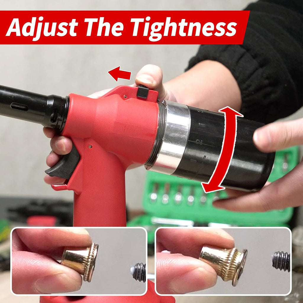 Industrial Hydraulic Pneumatic Riveter Automatic Air Rivet Nut Gun Tool Setting Kit Rivnut Riveting，with Metric & SAE Mandrels (8 Size)