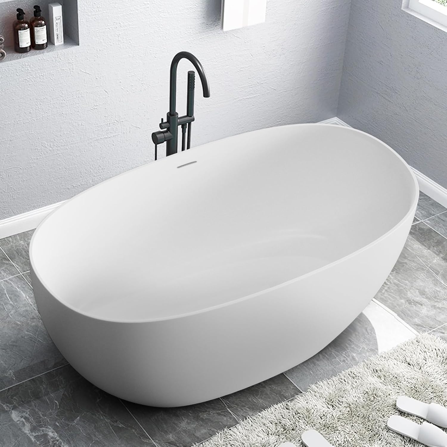 Stone Resin Freestanding Bathtubs,Soklawah 67' Solid Surface Luxury Soaking Tub,Oval Stand Alone Bathroom Bath tub with Drain & Integrated Slotted Overflow,Matte White Elegant Soaker Free Standing Tub