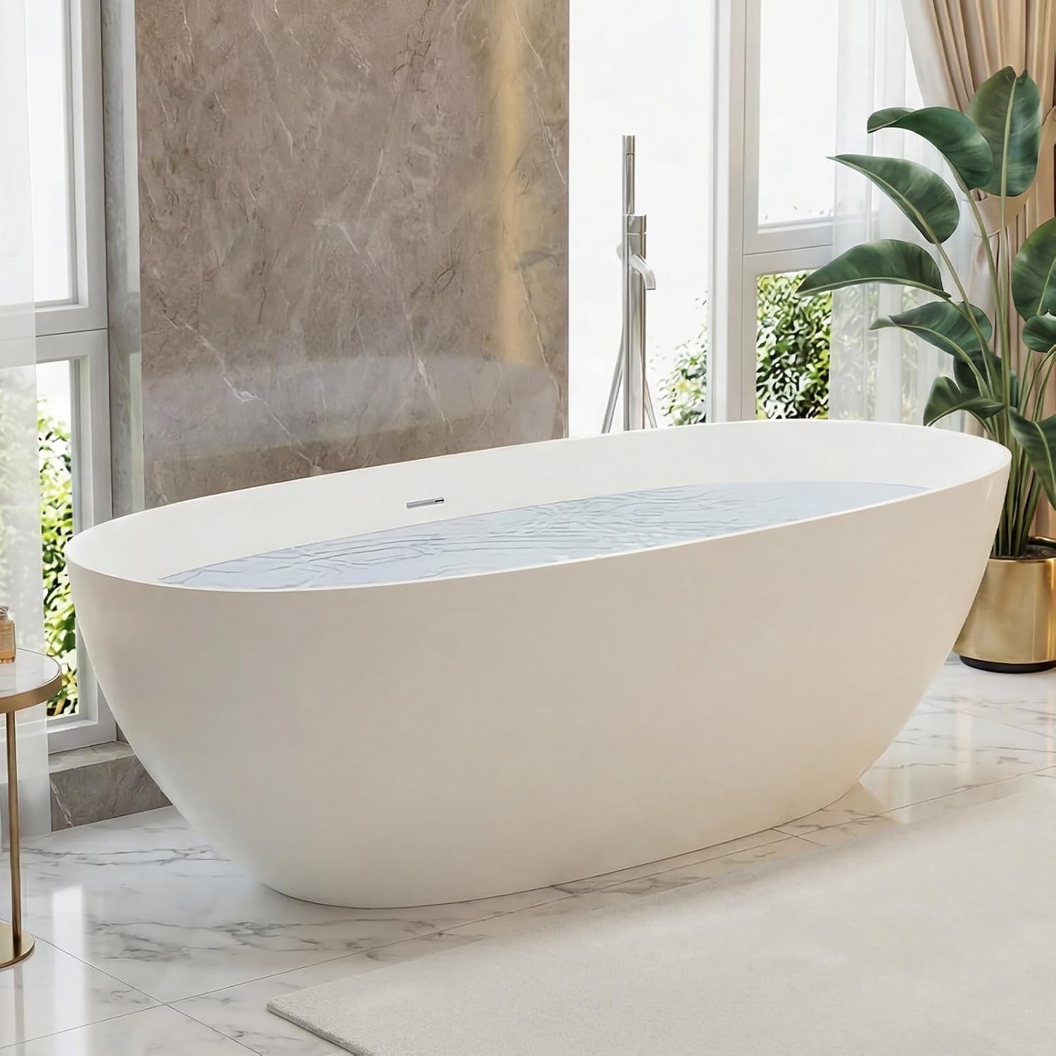 59' Stone Resin Freestanding Soaking Tub, Modern Oval Solid Surface Bathtub with with Overflow & Pop-up Drain, 14.4 Inch Soaking Depth Luxury Soaking Tub, Matte White