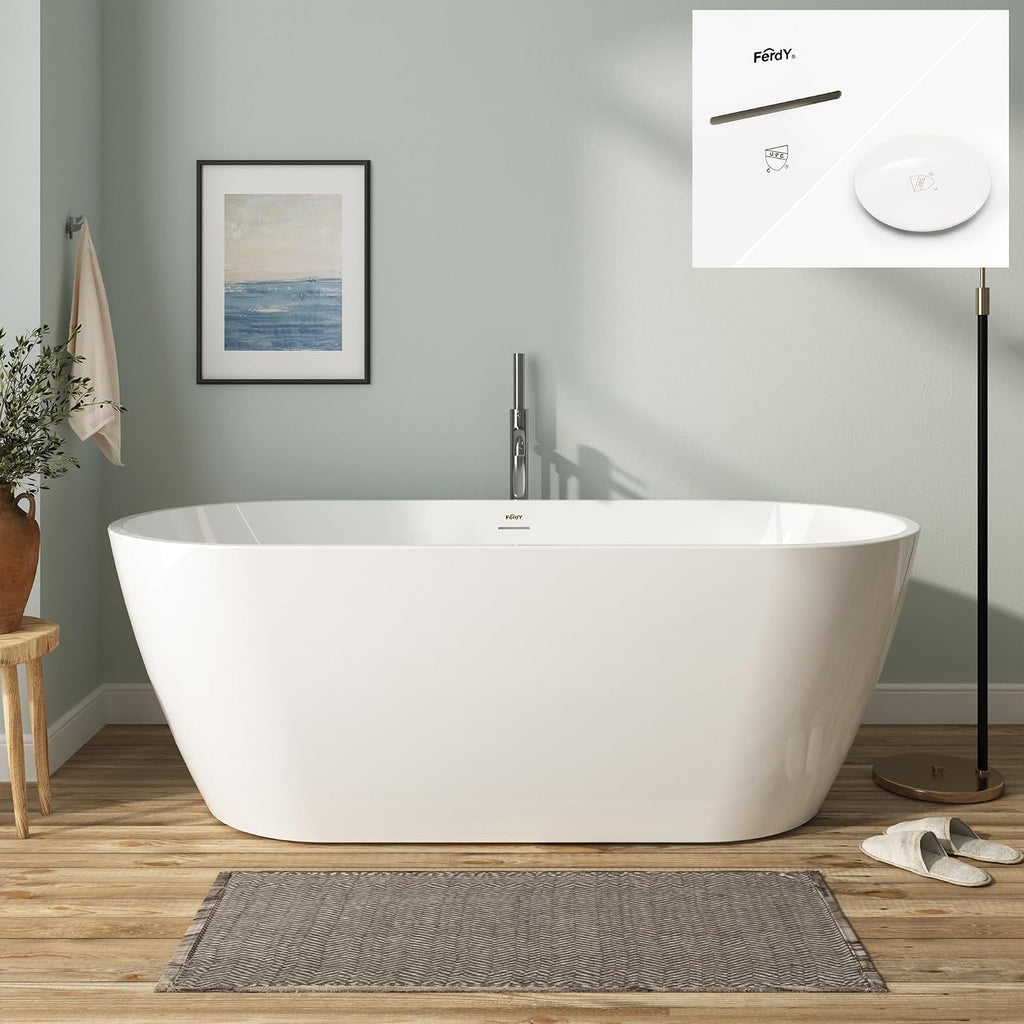 FerdY 67' Bali Acrylic Freestanding Bathtub, Gracefully Shaped Freestanding Soaking Bathtub, cUPC Certified, Toe-Tap Polished White Drain and Minimalist Linear Design Overflow Included