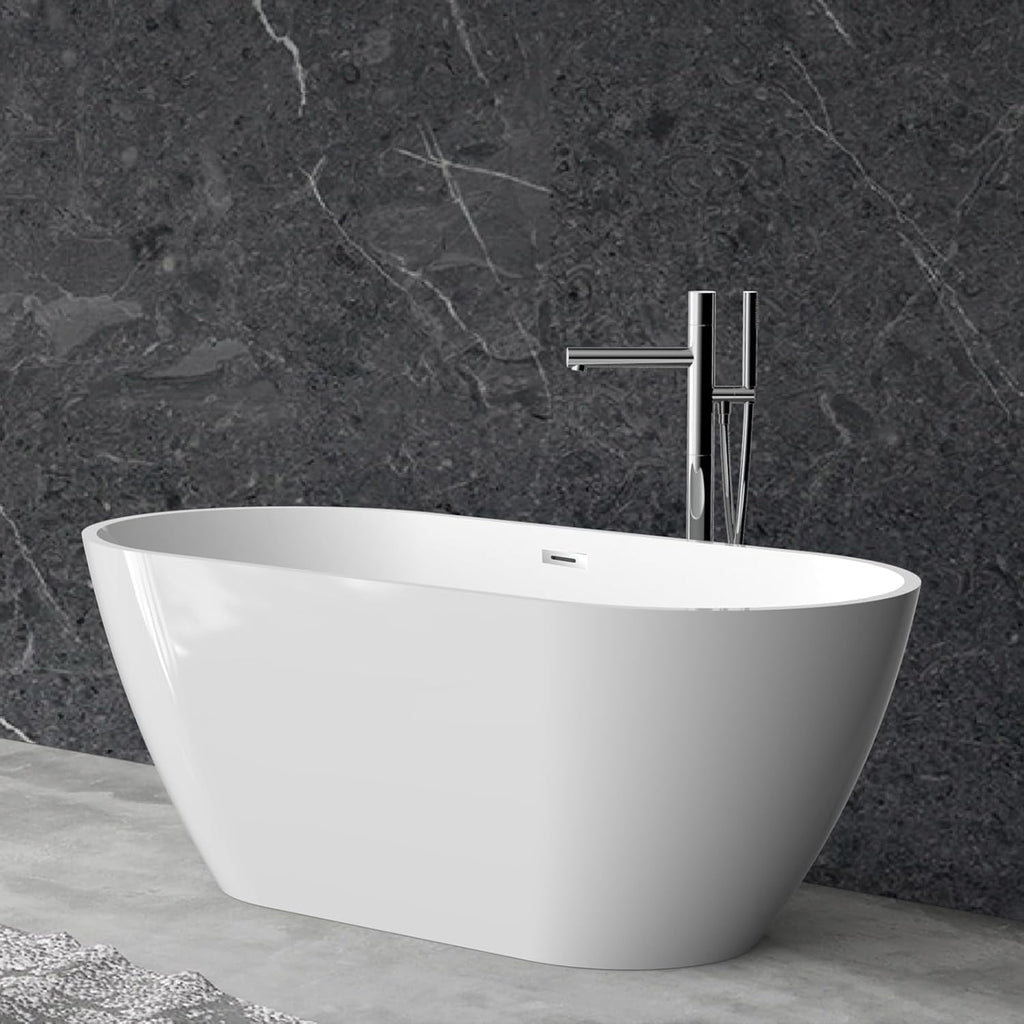 59 Inch Acrylic Freestanding Bathtub, Acrylic Soaking Bathtub with Matte Drain and Overflow, Deep Ergonomic Tub with Double-Walled Insulation, CUPC Certified, Modern Square Design