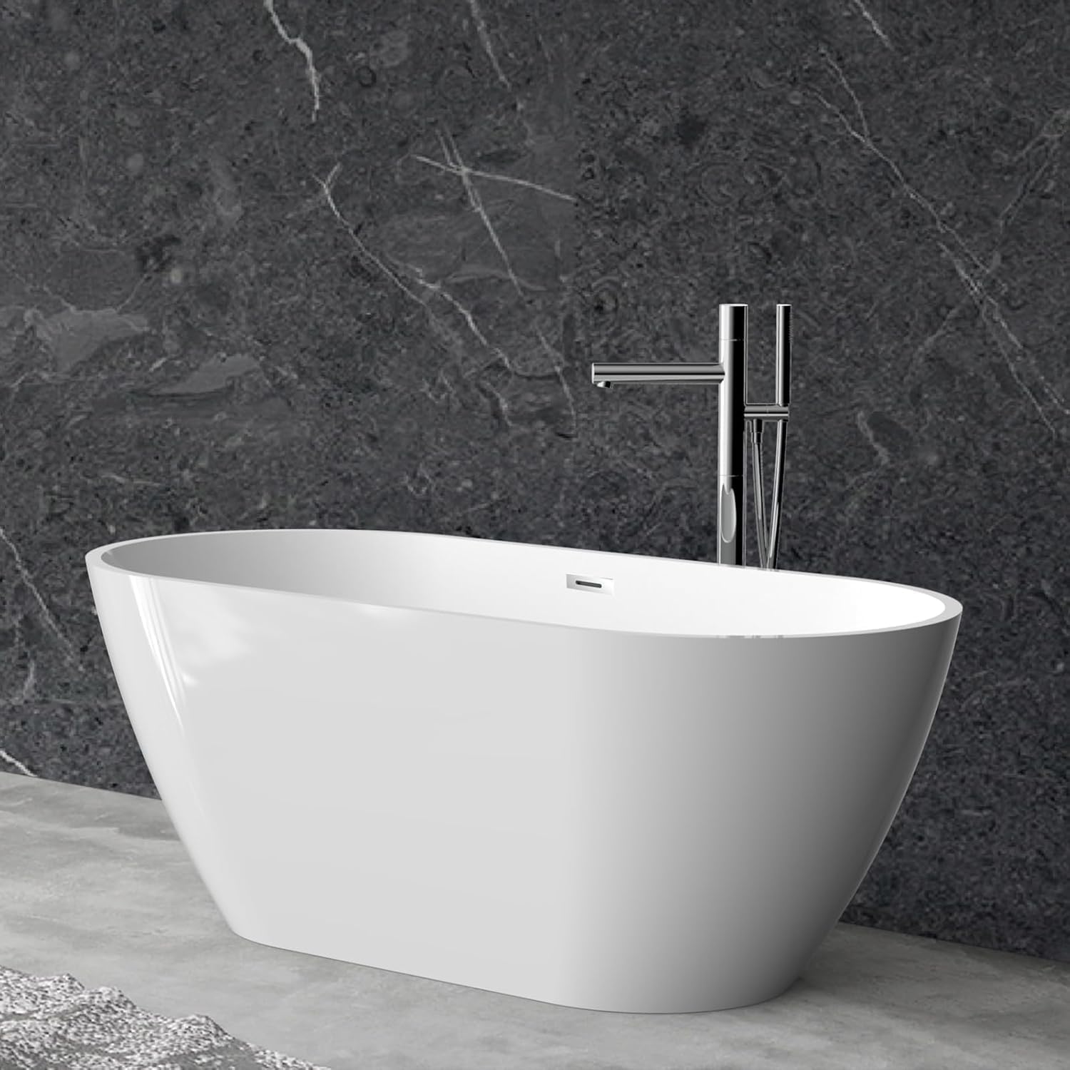 59 Inch Acrylic Freestanding Bathtub, Acrylic Soaking Bathtub with Matte Drain and Overflow, Deep Ergonomic Tub with Double-Walled Insulation, CUPC Certified, Modern Square Design