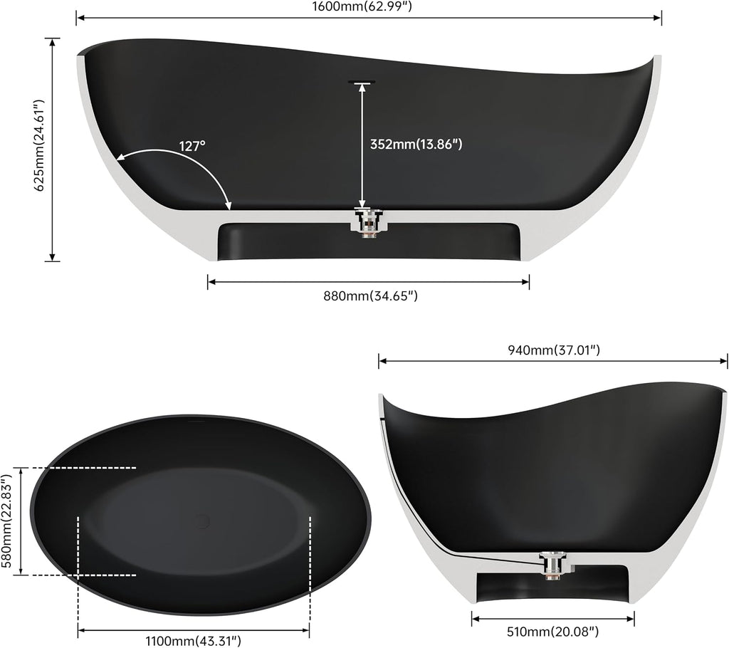 63' Upgraded Solid Surface Freestanding Bathtub,Wavy Stone Resin Soaking Tubs with Pop-up Drain and Overflow, Matte Black