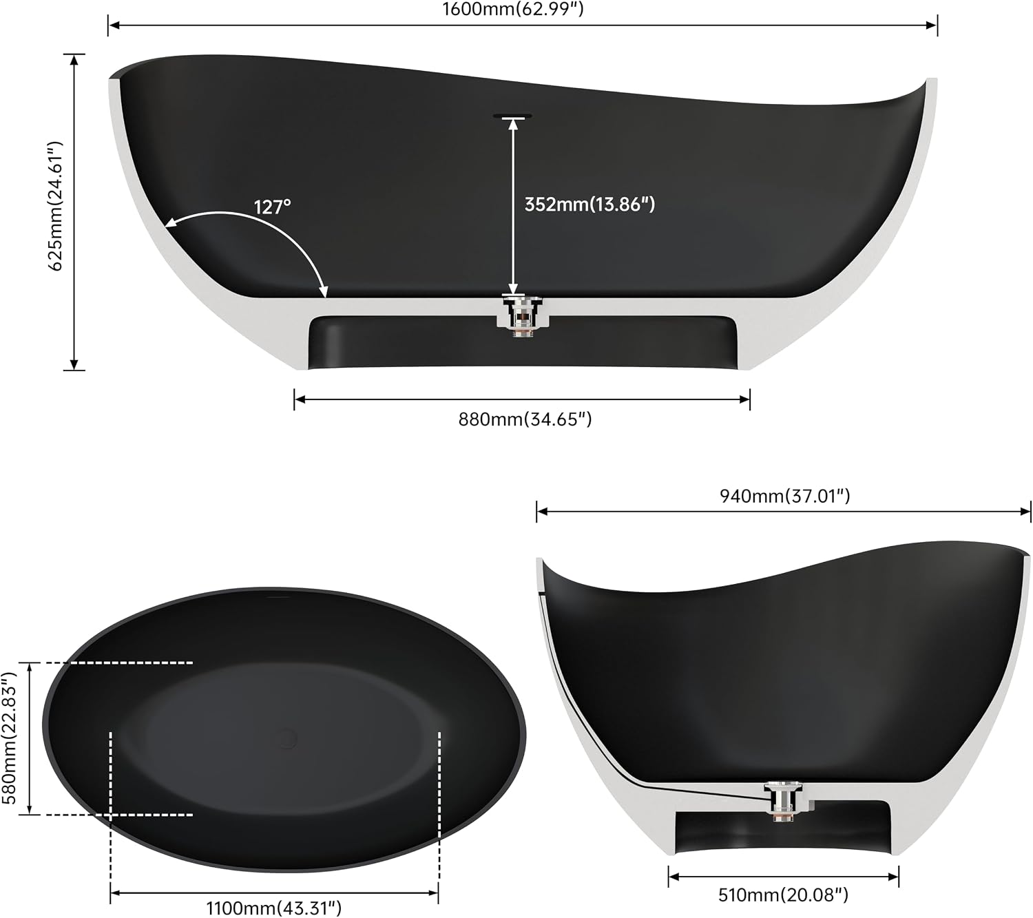 63' Upgraded Solid Surface Freestanding Bathtub,Wavy Stone Resin Soaking Tubs with Pop-up Drain and Overflow, Matte Black