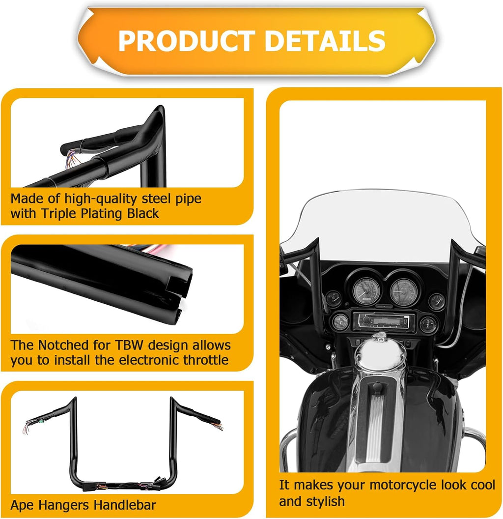 Mofun 12' Rise Handlebars Pre-Wired Ape Hangers 1.25' Fat 1' Clamp Compatible with Harley Touring Street Glide Electra Glide Ultra Limited 2008-2013 Black
