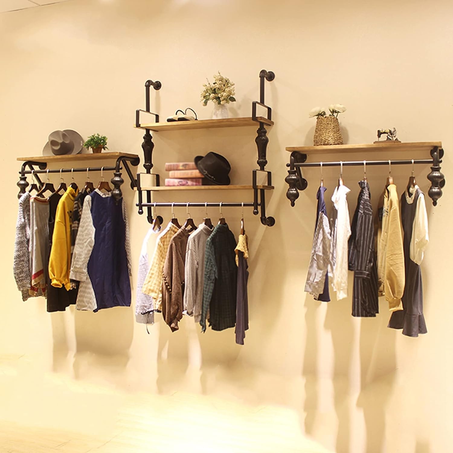 3 Section Garment Rack,Floating Industrial Pipe Garment Rack,Wall Mounted Coat Hanger,Retail Display Garment Rack with Wooden Shelf,Heavy Duty Organizer,STU(2-tiers-120CM