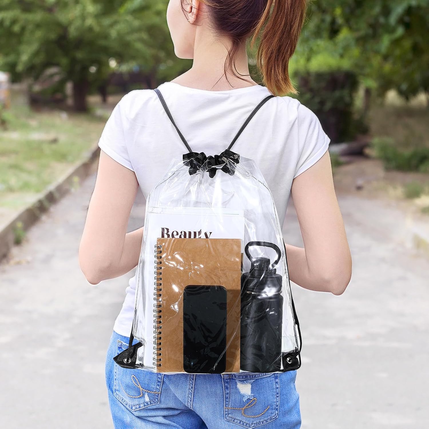Silkfly 100 Pcs Clear Drawstring Backpacks Bulk Stadium Approved Bags for Men Women Gym Sport Colleges Event Security (Black)