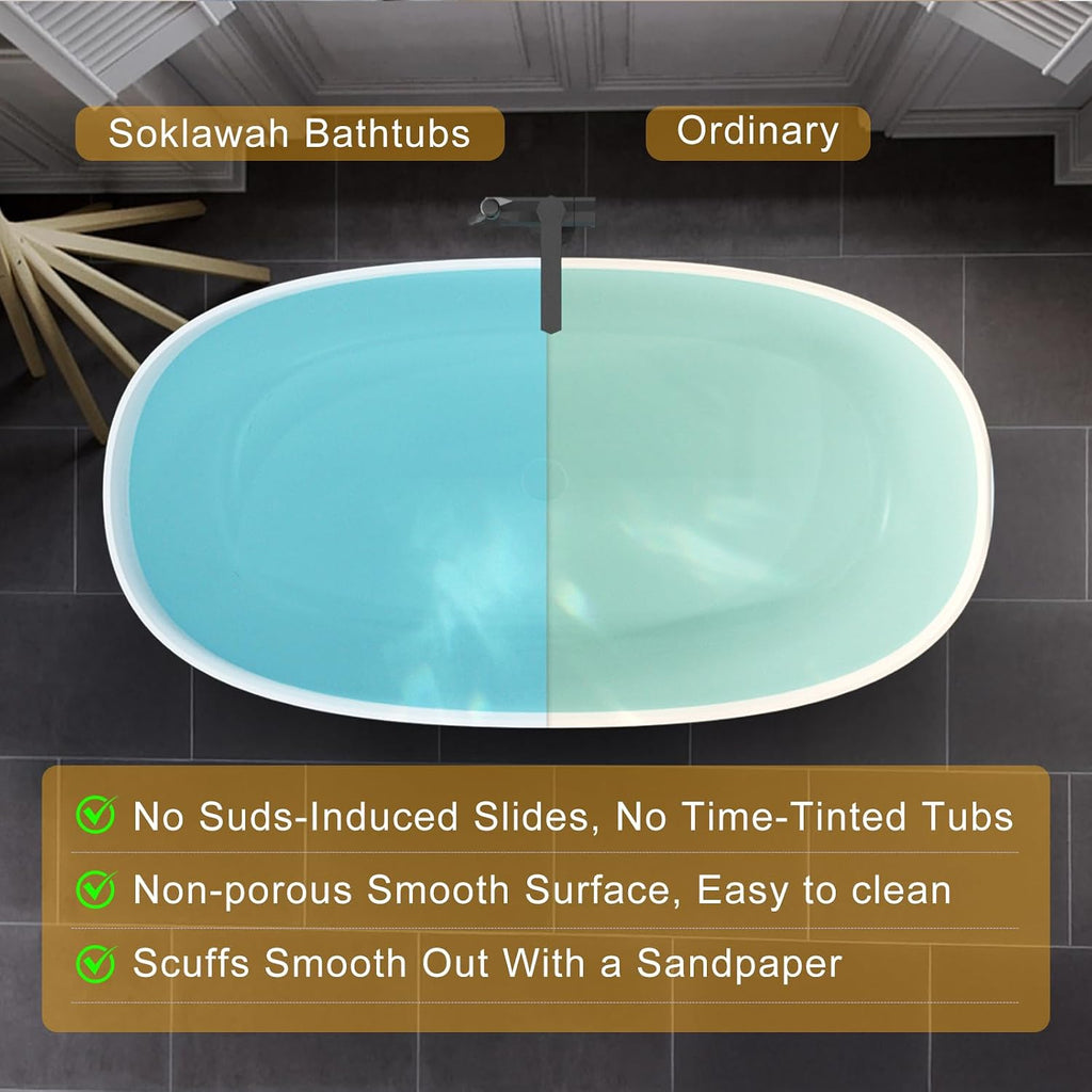 Stone Resin Freestanding Bathtubs,Soklawah 67' Solid Surface Luxury Soaking Tub,Oval Stand Alone Bathroom Bath tub with Drain & Integrated Slotted Overflow,Matte White Elegant Soaker Free Standing Tub