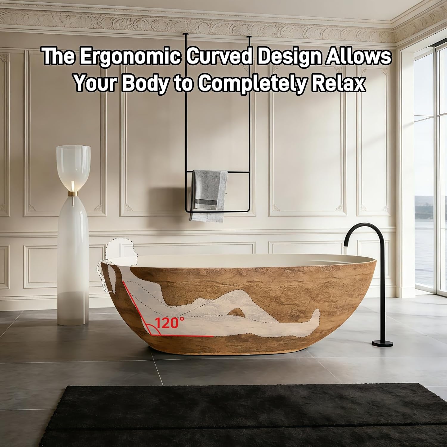 59' Edeyeu Freestanding Bathtub - Luxury Golden Stone Solid Surface Bathtub Soaking Tub, Designer Free Standing Tub for Modern Home Spa, Villa, and Hotel Bathrooms, Yellow