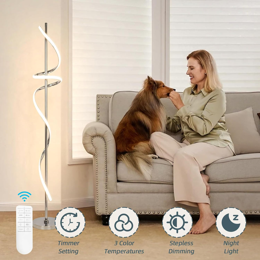 Modern Floor Lamp with Remote Control, Dimmable LED Floor Lamp for Living Room, 48W Spiral Floor Light with 3 Color Temperatures, Chrome Standing Tall Lamp for Bedroom Dining Rooms Home Offices