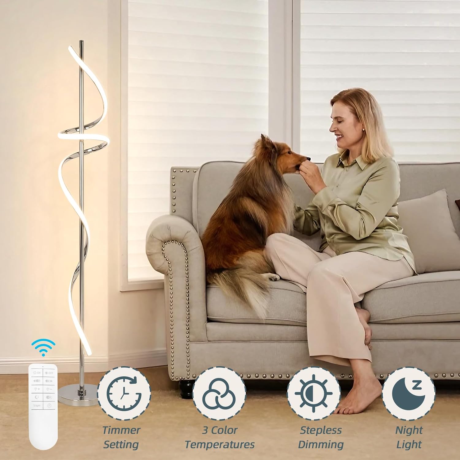 Modern Floor Lamp with Remote Control, Dimmable LED Floor Lamp for Living Room, 48W Spiral Floor Light with 3 Color Temperatures, Chrome Standing Tall Lamp for Bedroom Dining Rooms Home Offices