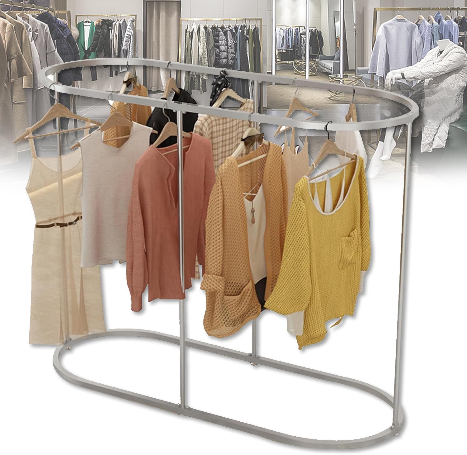 Heavy Duty Oval Garment Rack, Floor Commercial Retail Clothing Rack for Clothes Storage, Iron Multi-Functional Bedroom Clothing Rack, for Boutiques Display, Hallway Entryway,Silver