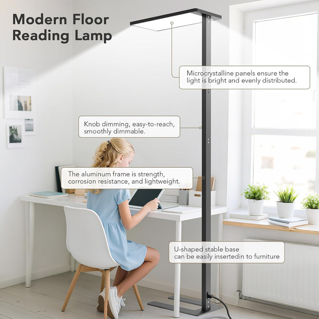 100W LED Floor Lamp, 76.8' Tall Reading Light, 9000LM Knob Dimming Standing Lamp, Full Spectrum Eye Care Reading Lamp, 4000K Natural Daylight for Study Room, Office, Living Room, Bedroom (Black)