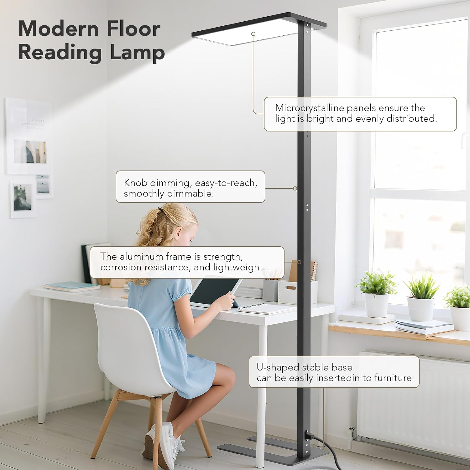 100W LED Floor Lamp, 76.8' Tall Reading Light, 9000LM Knob Dimming Standing Lamp, Full Spectrum Eye Care Reading Lamp, 4000K Natural Daylight for Study Room, Office, Living Room, Bedroom (Black)