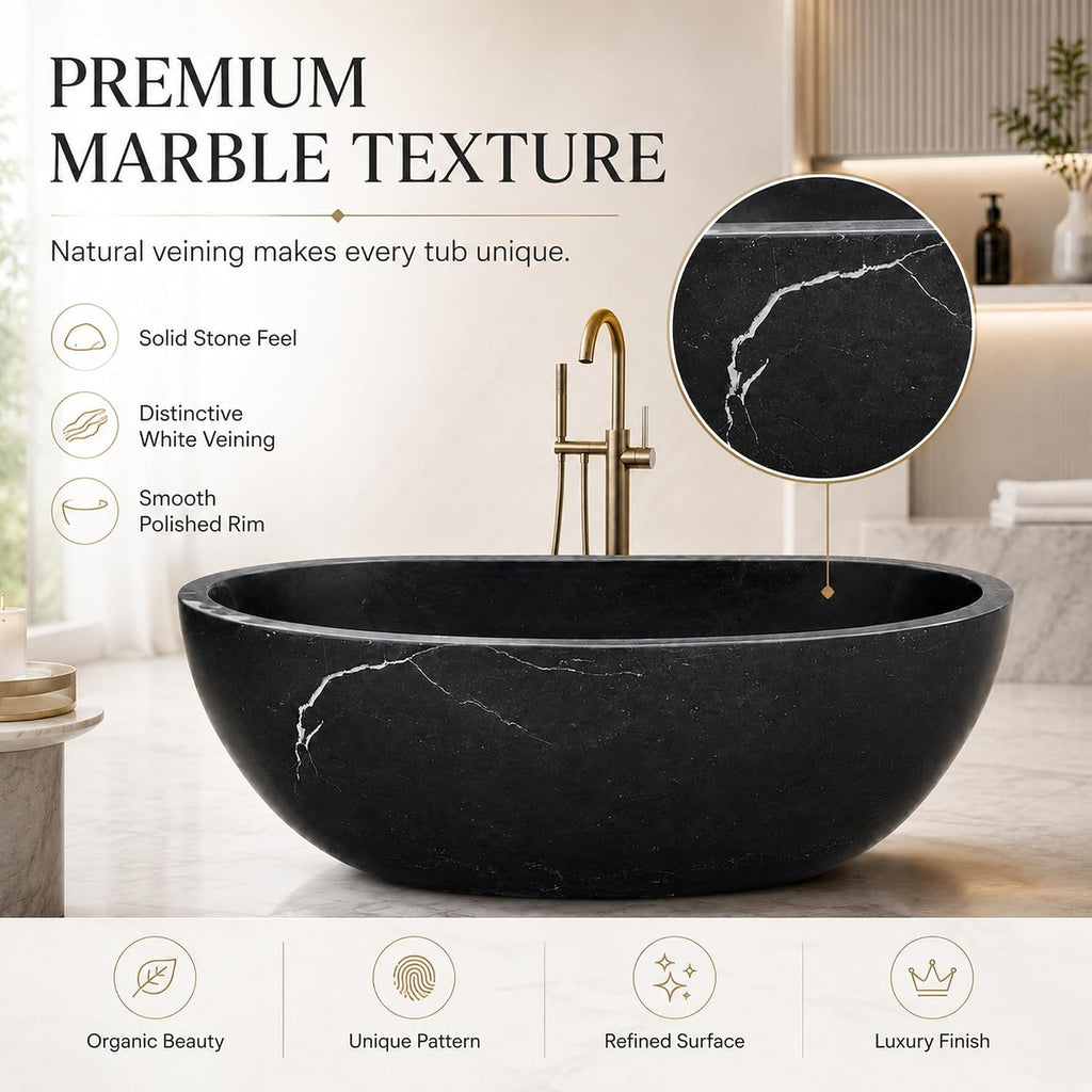 CHETTO C Black Marble Freestanding Bathtub, Luxury Oval Stone Soaking Tub with Smooth Curved Design, Deep Ergonomic Stand Alone Bath Tub for Master Suite, Spa & Hotel Bathroom 60'Lx29.53'Wx21.65'H