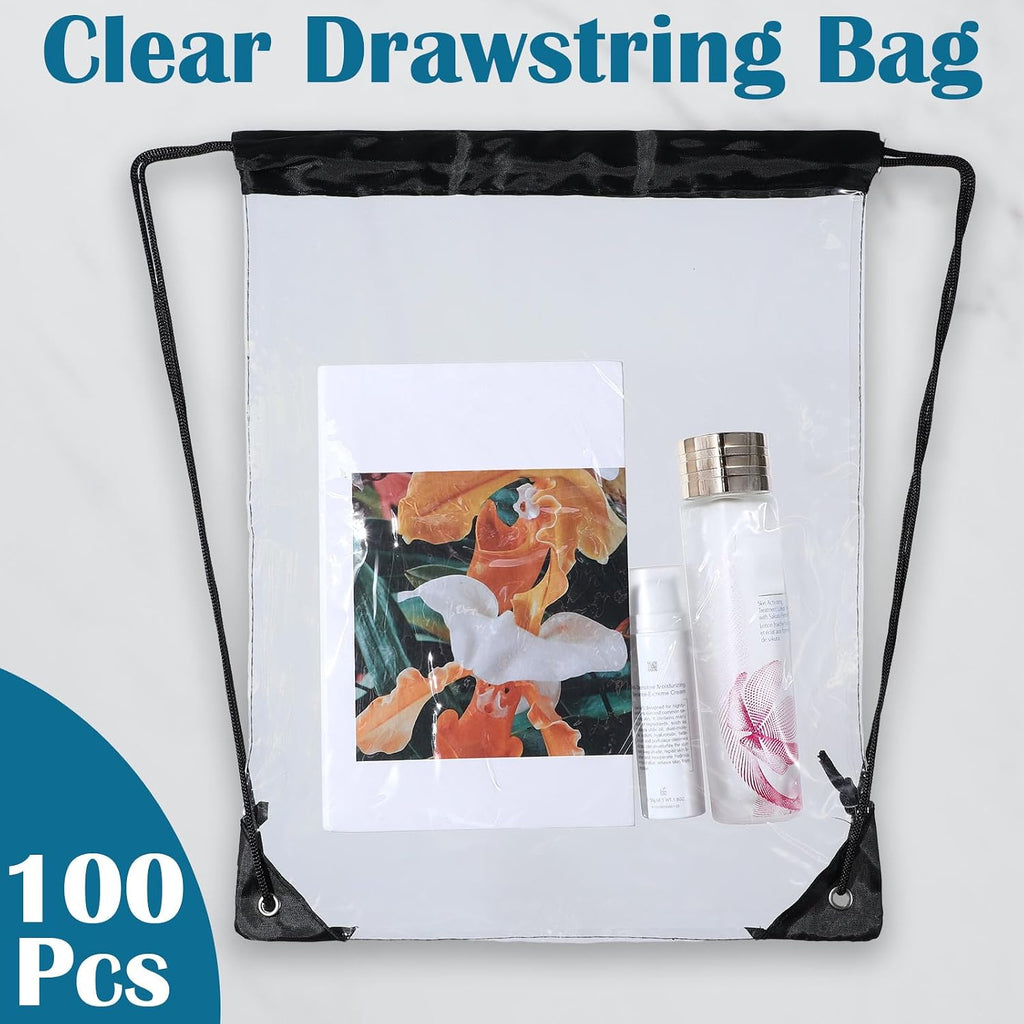 Silkfly 100 Pcs Clear Drawstring Backpacks Bulk Stadium Approved Bags for Men Women Gym Sport Colleges Event Security (Black)