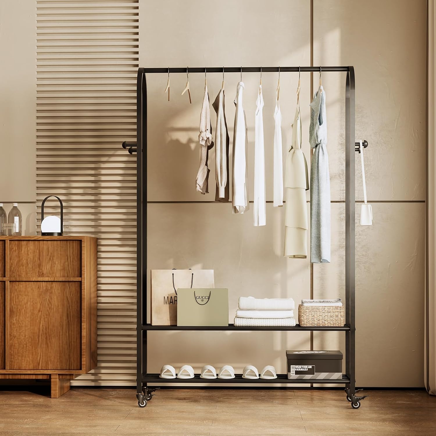 Sturdy Heavy Duty Clothes Rack With Wheels,Modern Clothing Rack With Shelves & hooks, Garment Racks for Hanging Clothes,Closet Rack for Bedroom,49.2in Wide,Clothes Storage and Display (black)