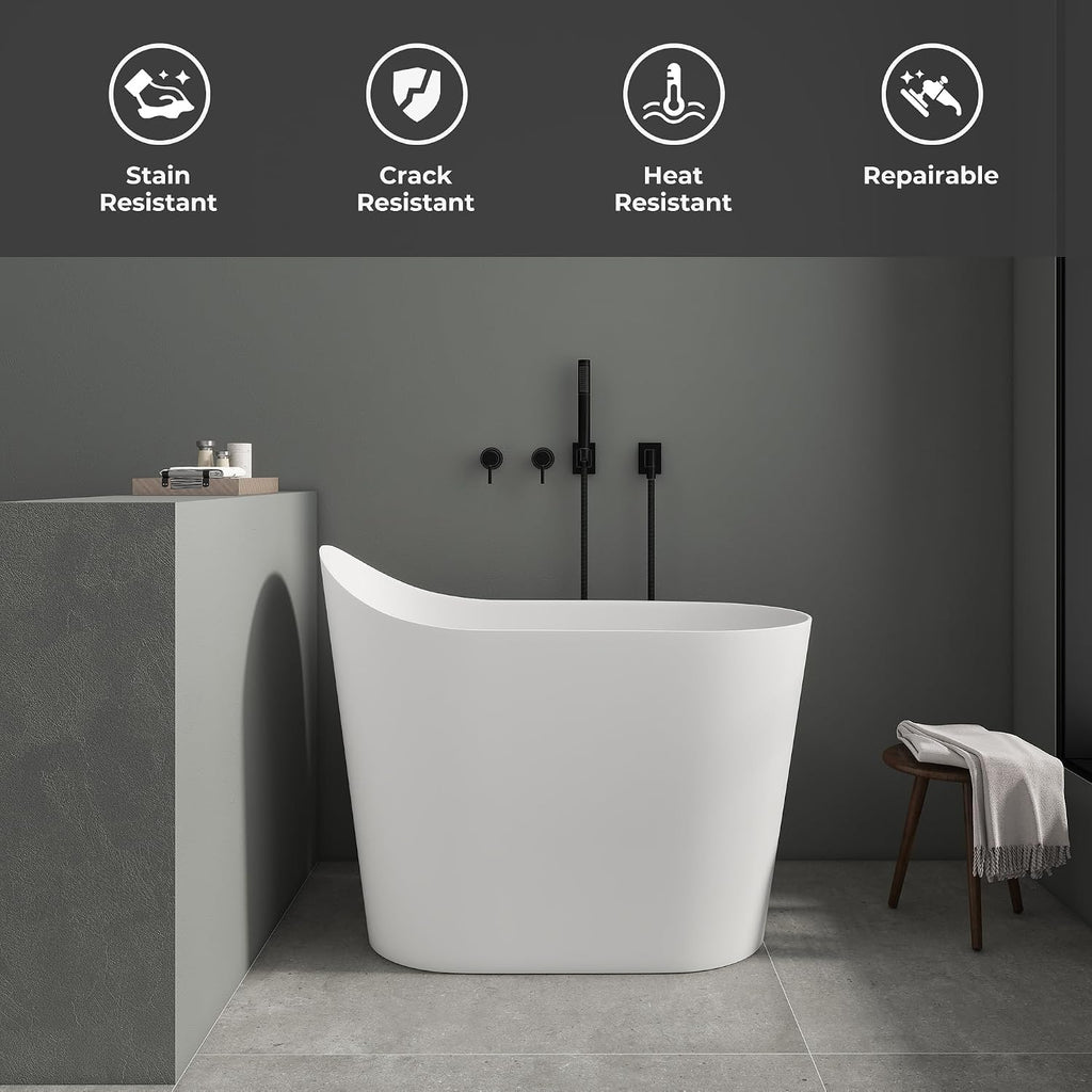 SJ Star&Jane 43' Solid Surface Japanese Soaking Bathtub Stone Resin Freestanding Tub Deep Soaking Bathtub Sit-In Design with Drain