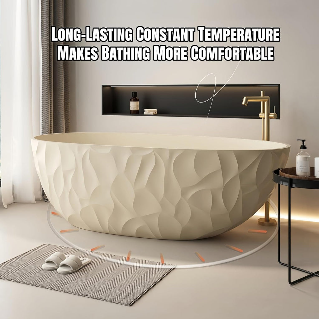 67' Edeyeu Luxury Freestanding Bathtub – Modern Solid Surface Bathtub With Ripple Design, Extra Deep Soaking Tub, Ergonomic Stand Alone Tub For Contemporary Luxury Bathrooms C