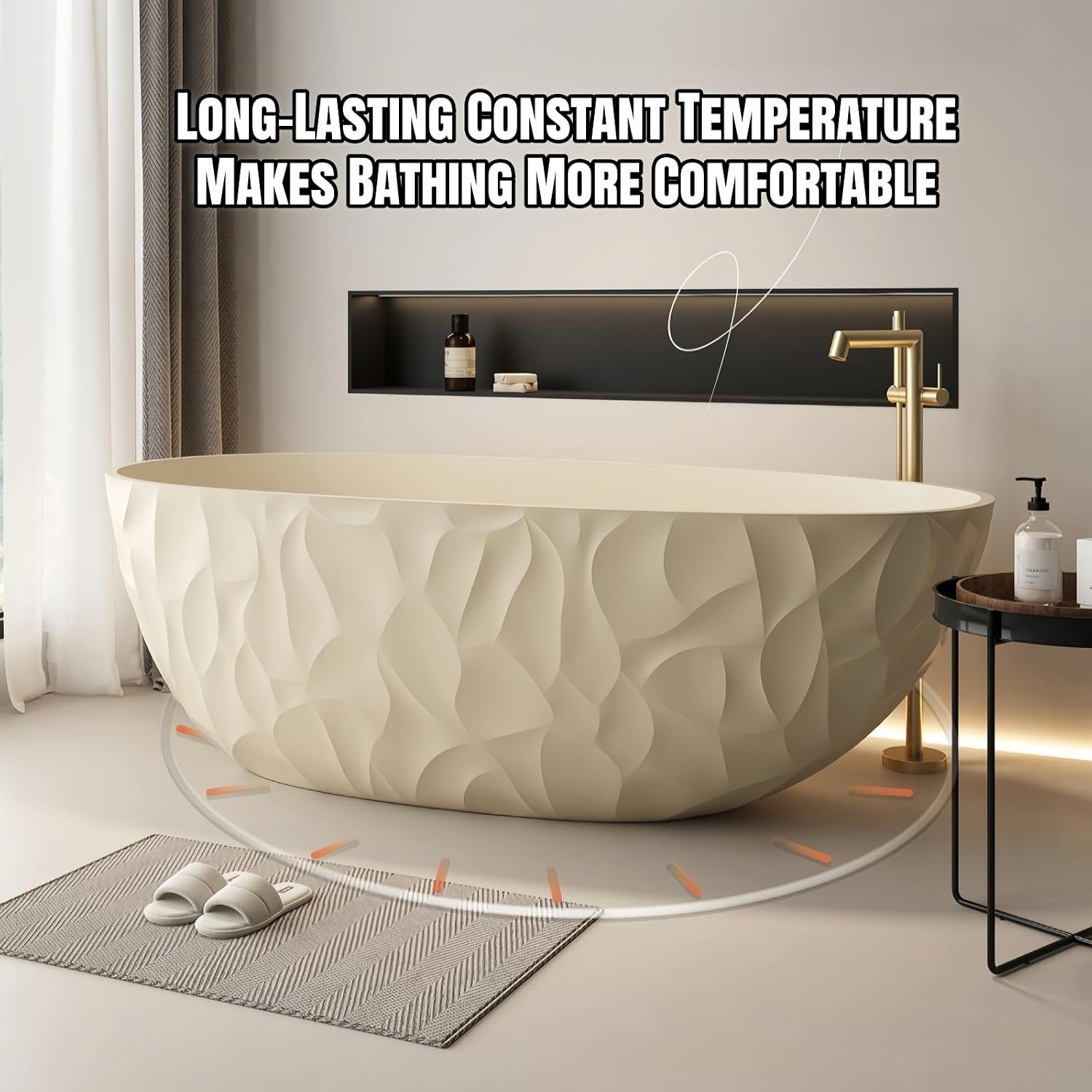 67' Edeyeu Luxury Freestanding Bathtub – Modern Solid Surface Bathtub With Ripple Design, Extra Deep Soaking Tub, Ergonomic Stand Alone Tub For Contemporary Luxury Bathrooms E