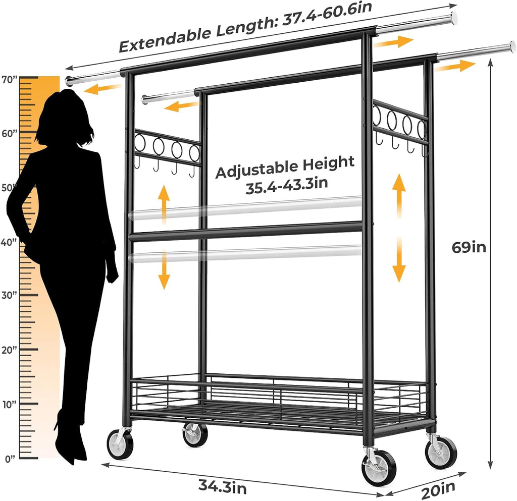 Heavy Duty Clothes Rack Load 960LBS, Three Rods Rolling Clothing Racks for Hanging Clothes, Rolling Garment Rack With Sturdy Wheels Shelves Hooks, Portable & Adjustable Commercial Garment Rack, Black