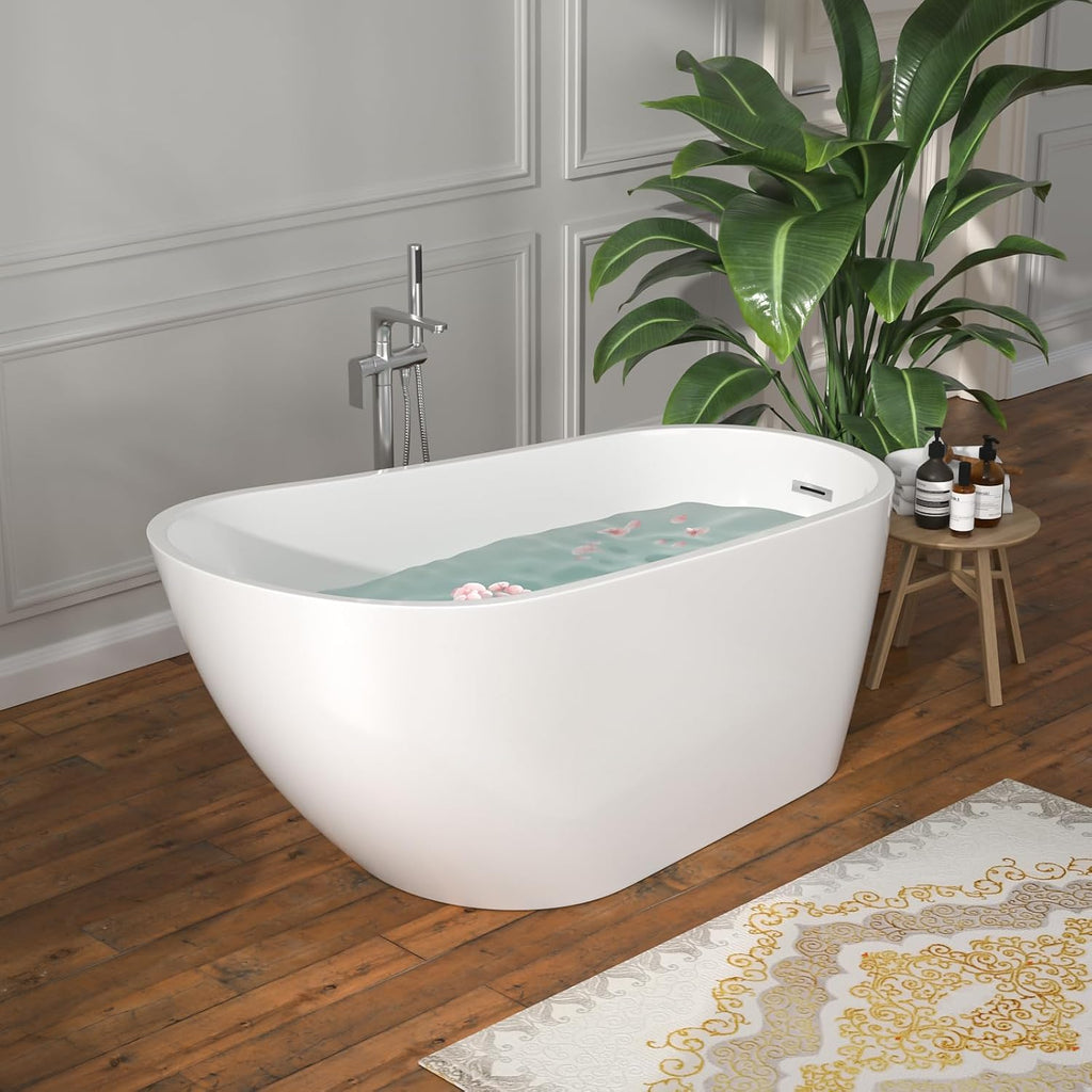 59' Freestanding White Acrylic Slipper Bathtub – Elegant Soaking Tub with Chrome Drain and Ergonomic Backrest for Luxurious Home Bathing, YSB9212