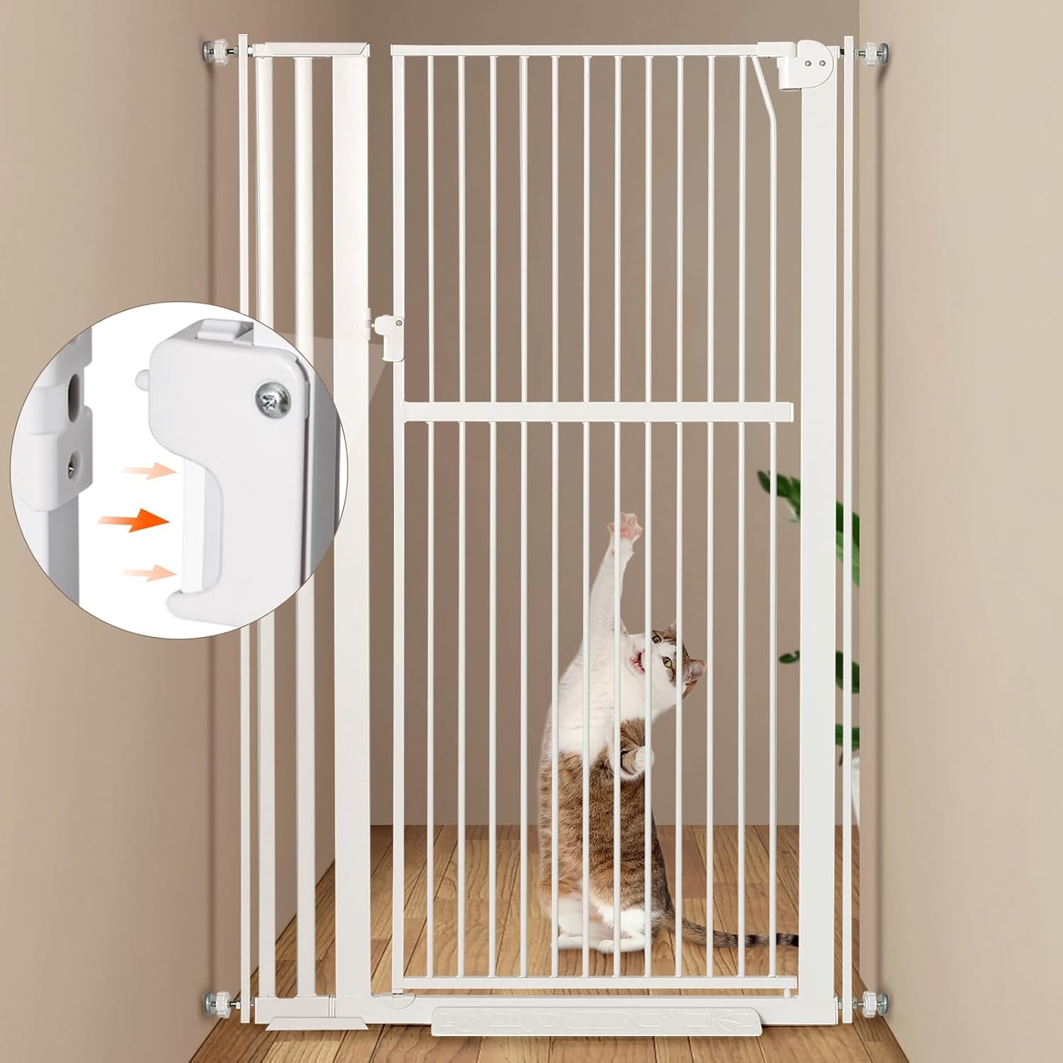 59' Extra Tall Pet Gate, Durable Metal Cat Gate with Double Safety Lock & Walk Thru Door - Self Closing/Stay Open/Open Both Ways, Pressure Mounted Dog Gate for Indoor Stairs, Doorways, Hallways