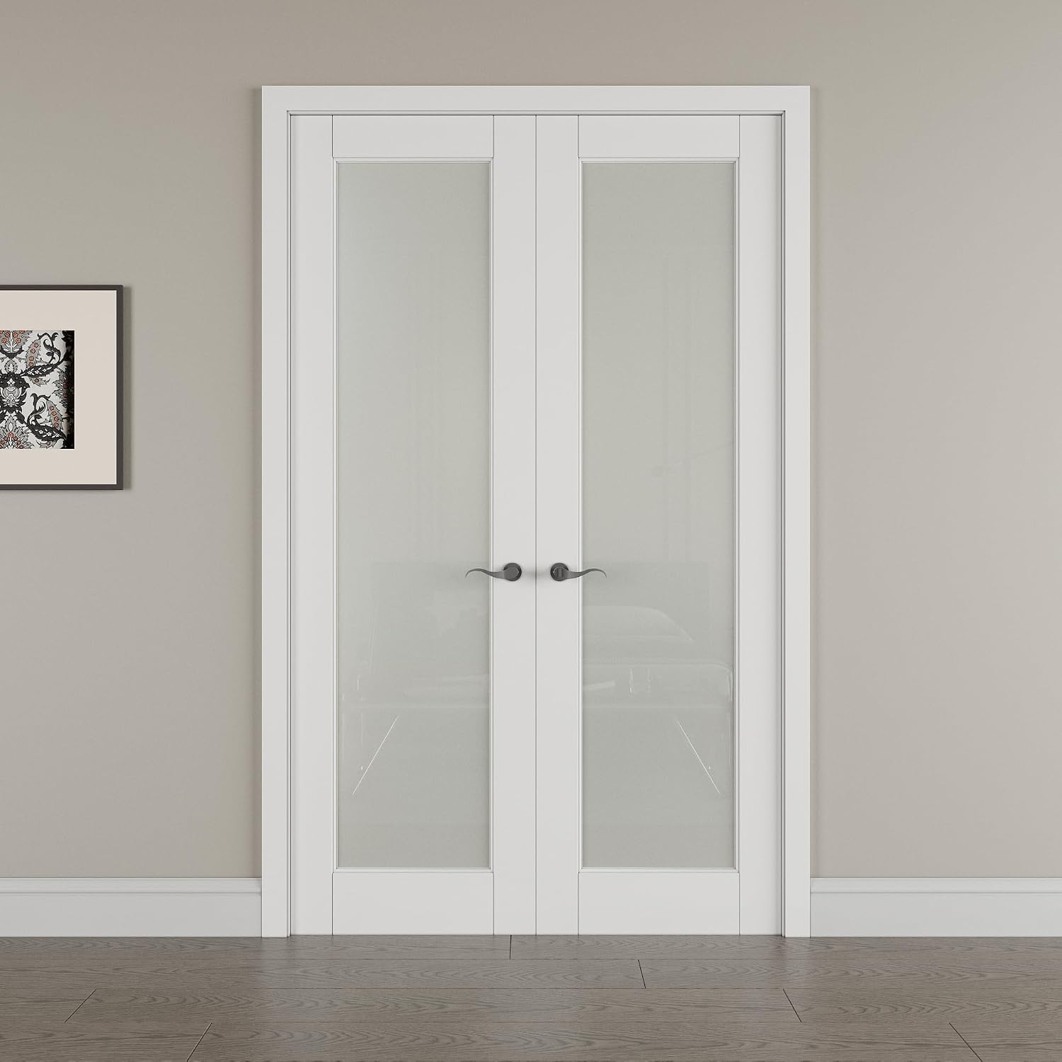 56' x 80' French Doors Interior (Double 28' x 80' Frosted Glass Door with Black Hinge Prehung Jamb Kit), Pre-Finished & Paintable, Prebuilt Home Door Panels & Assembly Required Jamb