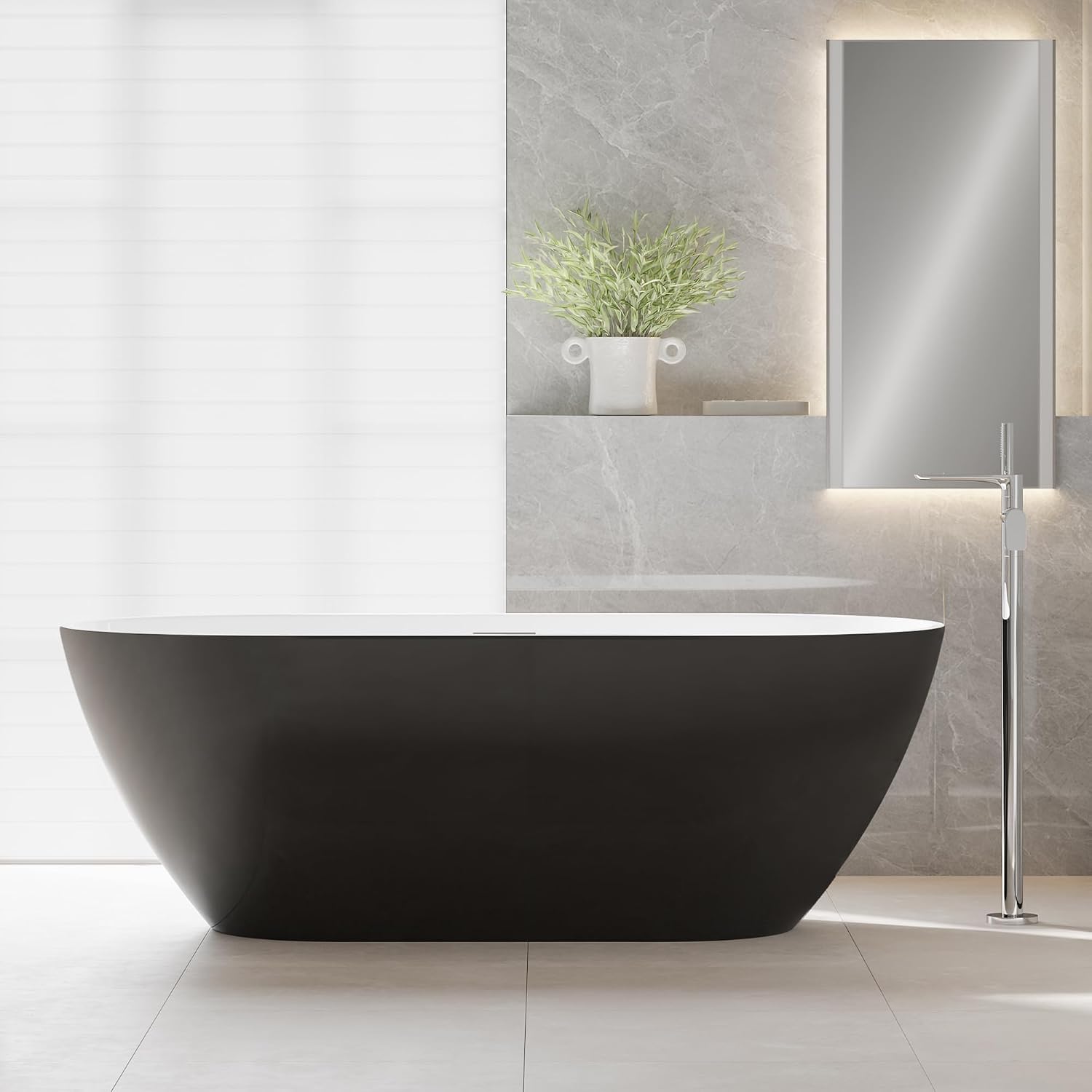 67 Inch Freestanding Bathtub Acrylic Black Soaking Tub with Integrated Overflow, Deep Soaking Free Standing Tub, Modern Stand Alone Tub for New Builds & Bathroom Remodels