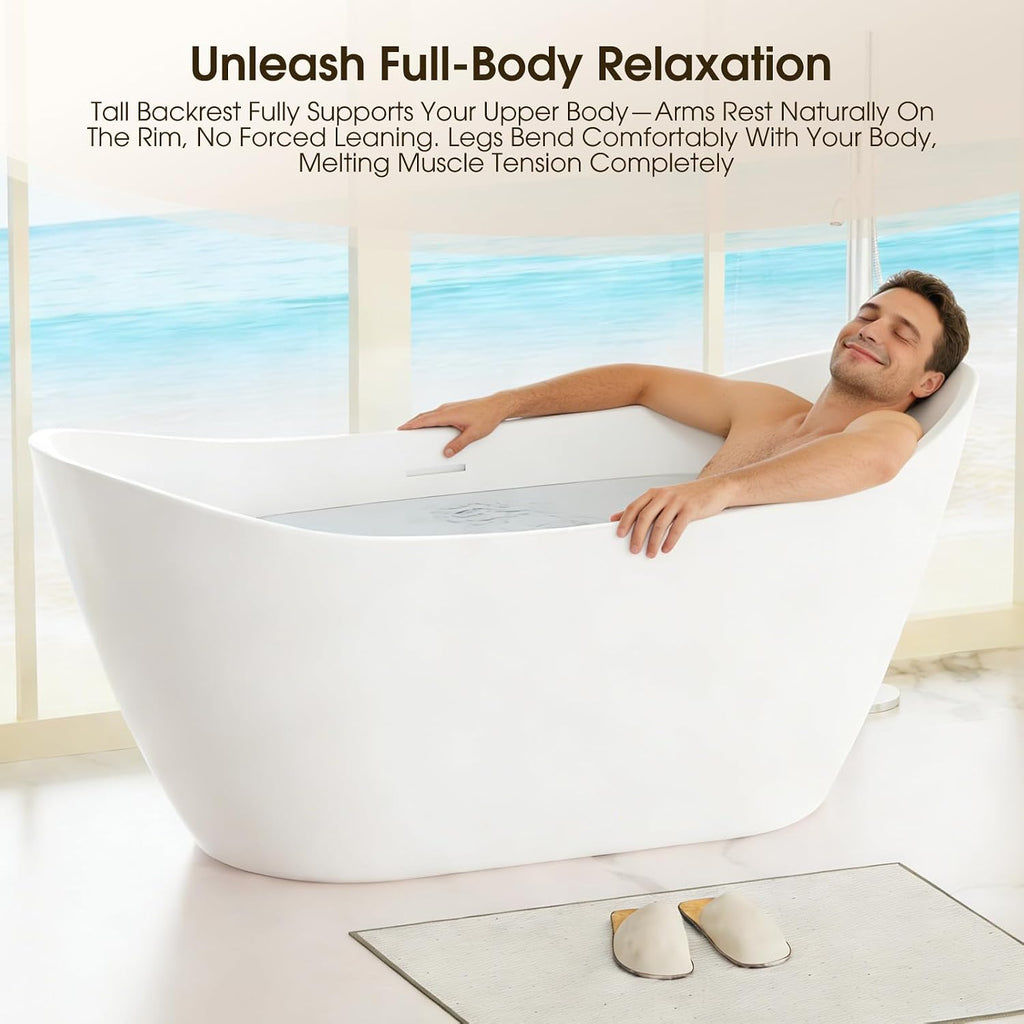 59' Acrylic Freestanding Bathtub,14' Deep Soaking Tub with Integrated Overflow & Drain,2 Person Soaking Tub,CUPC Certified, Chrome Drain Bath Tub,Modern Tub for Bathrooms,Double Backrest White