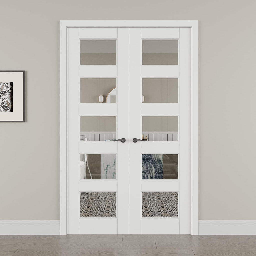 48' x 80' French Doors Interior (Double 24' x 80' 5-Lite Clear Glass Door with Black Hinge Prehung Jamb Kit), Pre-Finished & Paintable, Prebuilt Home Door Panels & Assembly Required Jamb