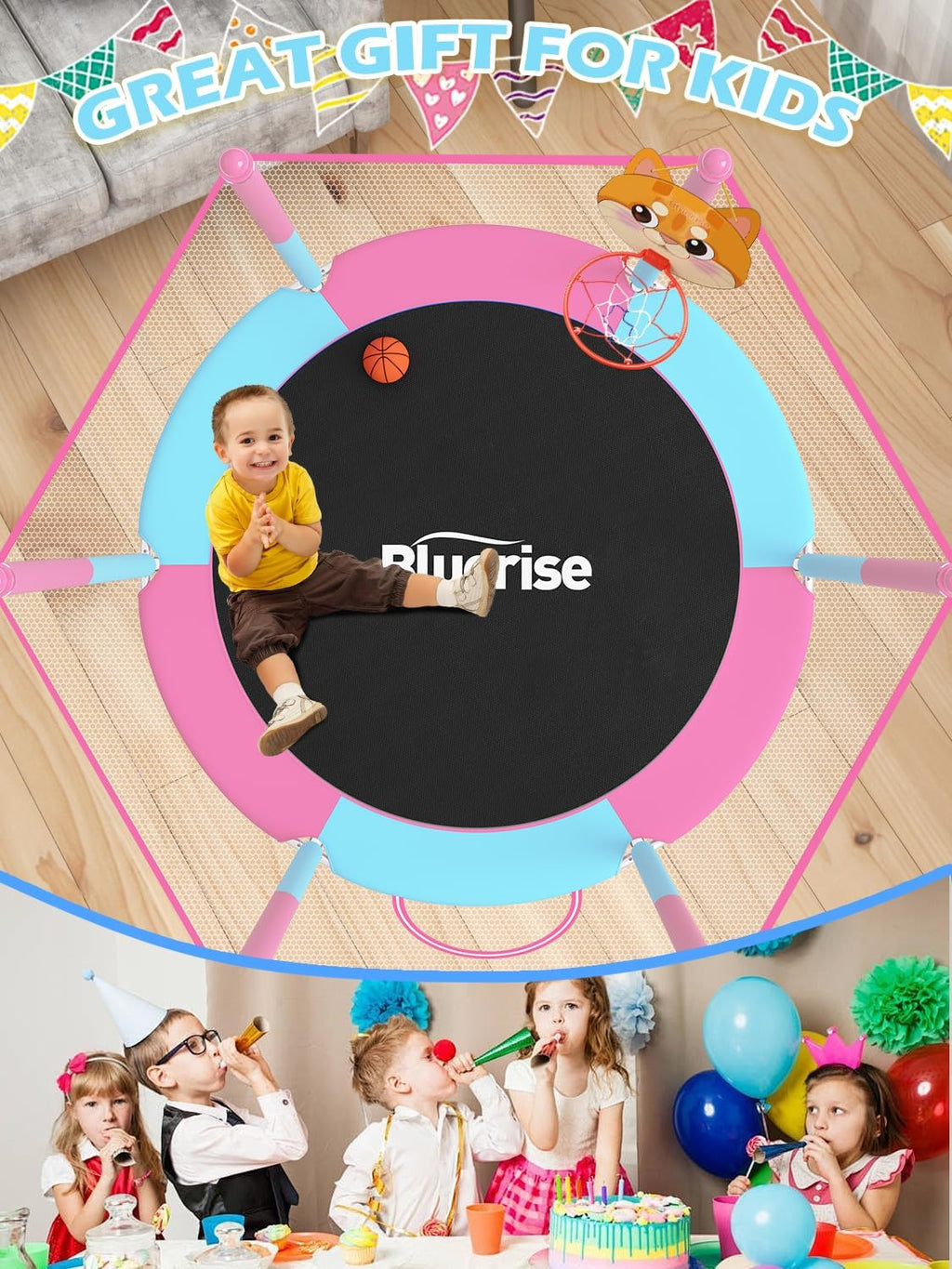 BLUERISE 60' Trampoline for Kids 5FT Toddler Trampolines Indoor/Outdoor with Adjustable Gymnastics Bar & Safety Net, No-Gap Design, Anti-Rollover Bottom, Basketball Hoop, Gifts for Boys & Girls