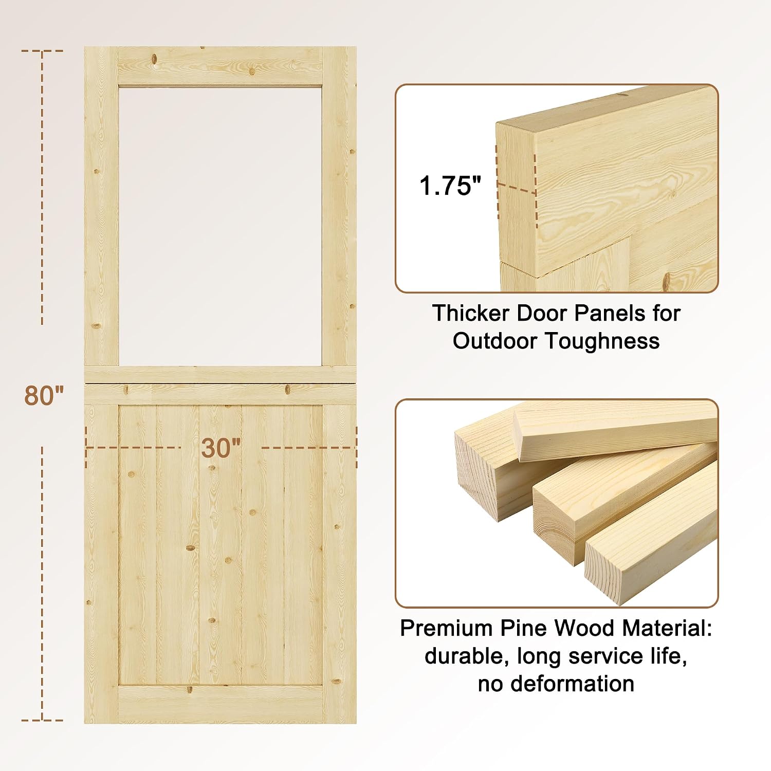 Exterior Dutch Door Slab, 30' x 80', Universal Tempered Clear Glass Split Single Doors, Solid Core Home Door, Natural Pine Wood - with 4 Black Hinges & 1 Latch, Without Jamb