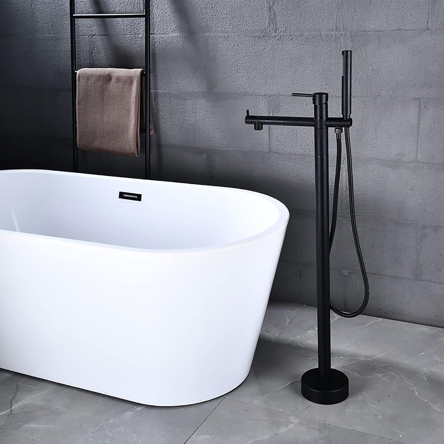 Freestanding Bathtub Faucet with Handheld Shower - Floor Mounted Tub Tap, 59-Inch Shower Hose, Stylish White Gold Finish
