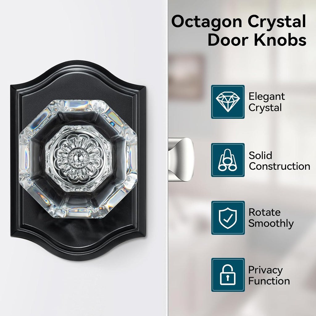 5 Pack Glass Door Knobs, Matte Black Crystal Door Knobs Interior with Lock for Privacy Use, Antique Glass Bedroom Bathroom Doorknobs, Vintage Crystal Door Knob Set