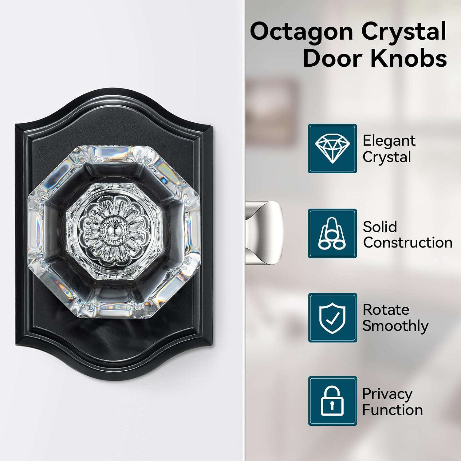 5 Pack Glass Door Knobs, Matte Black Crystal Door Knobs Interior with Lock for Privacy Use, Antique Glass Bedroom Bathroom Doorknobs, Vintage Crystal Door Knob Set