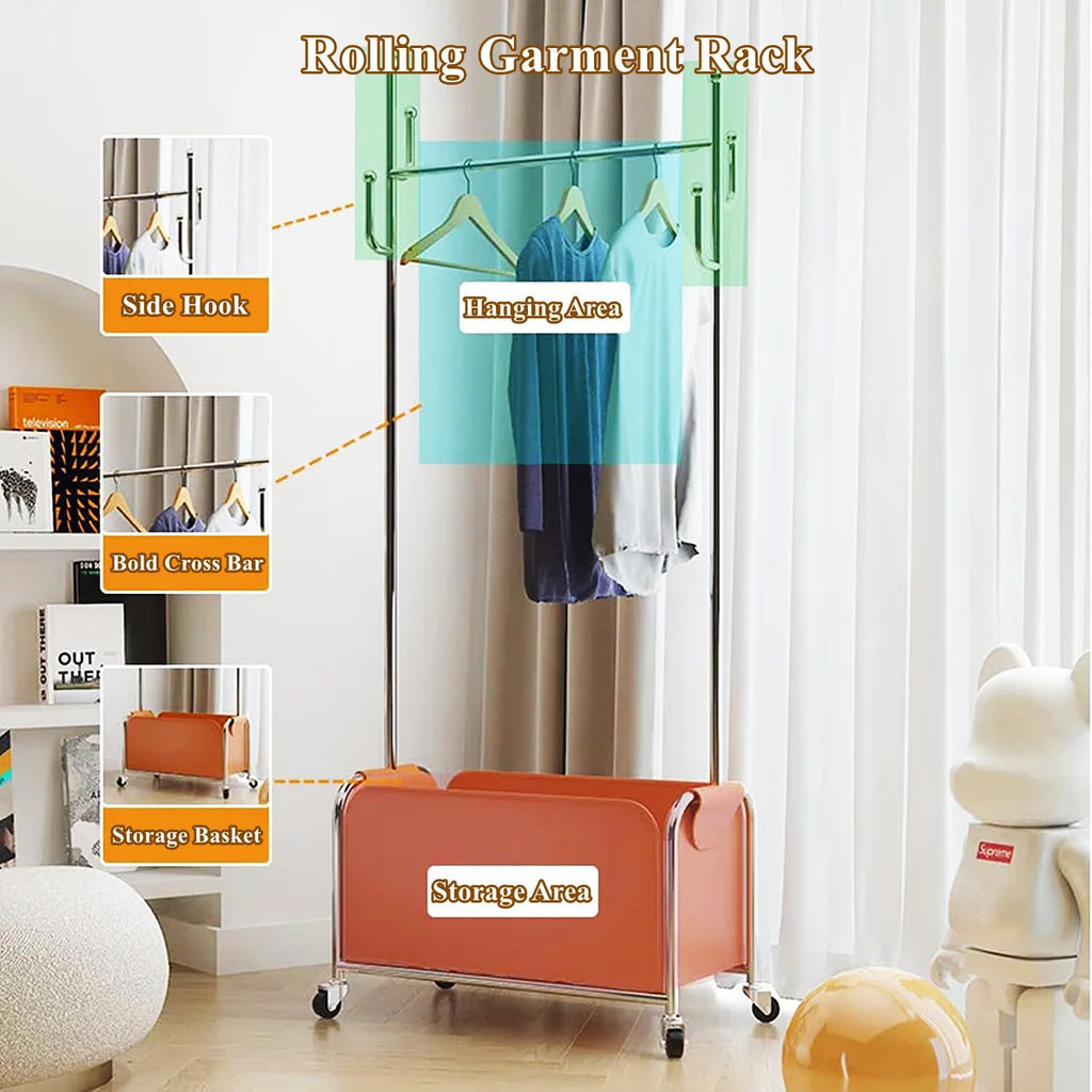 Clothing Rack with Storage Bag & Wheels, Rolling Garment Racks, Heavy-Duty Metal Clothes Rack for Bedroom, Hallway, Entryway,Black