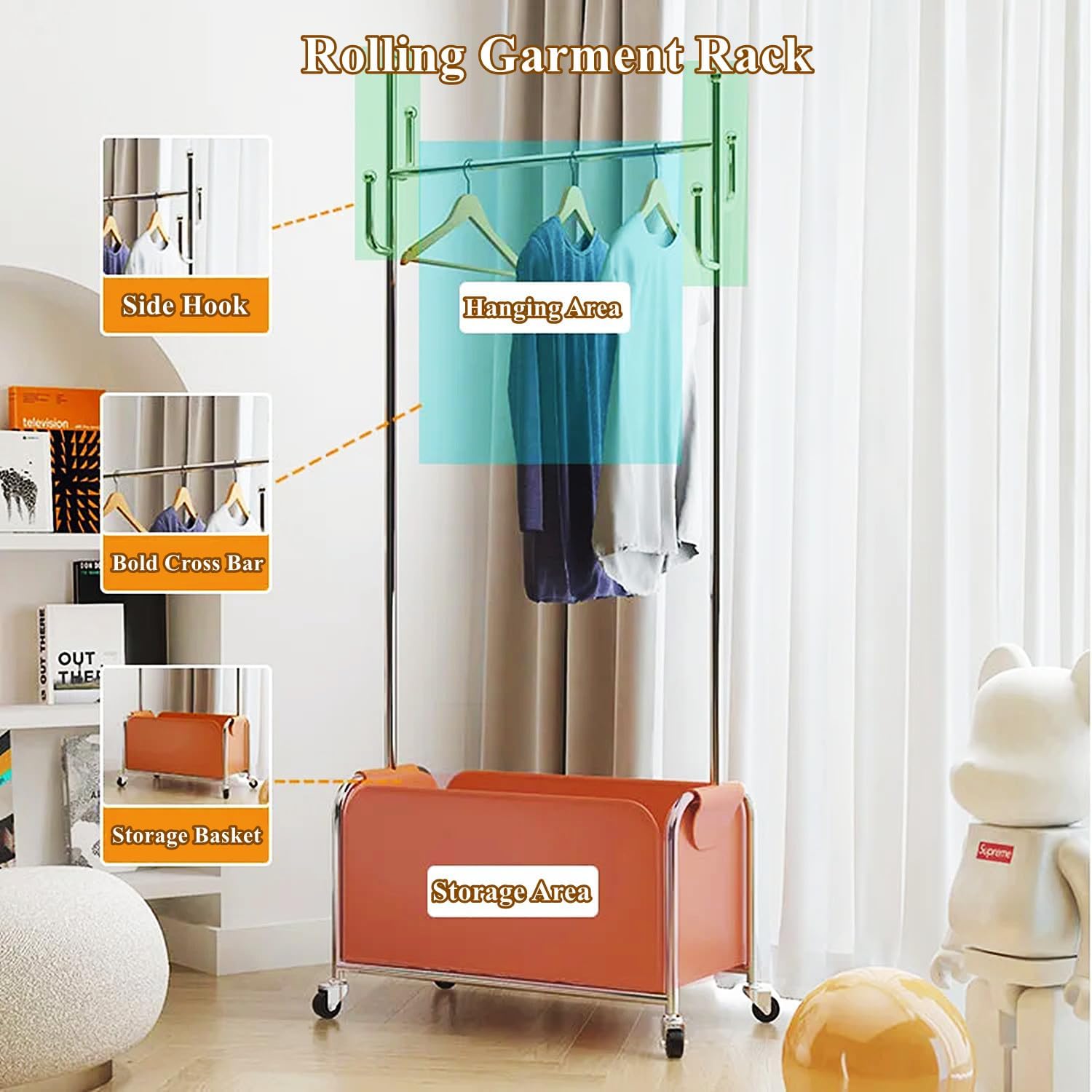 Clothing Rack with Storage Bag & Wheels, Rolling Garment Racks, Heavy-Duty Metal Clothes Rack for Bedroom, Hallway, Entryway,Black