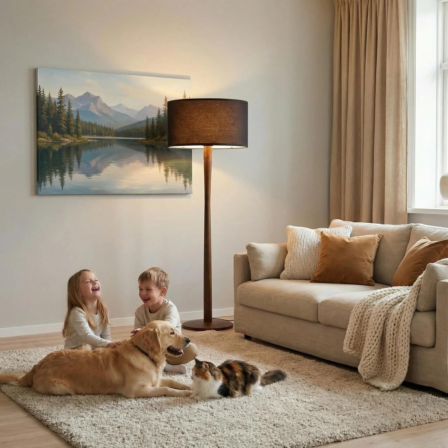 62' Tall Rustic Wood Floor Lamp for Living Room, Farmhouse Walnut Wood Floor Lamps with Linen Shade, UL Listed Standing Lamps with Wooden Base for Bedroom, Dining Room, House, Black Shade