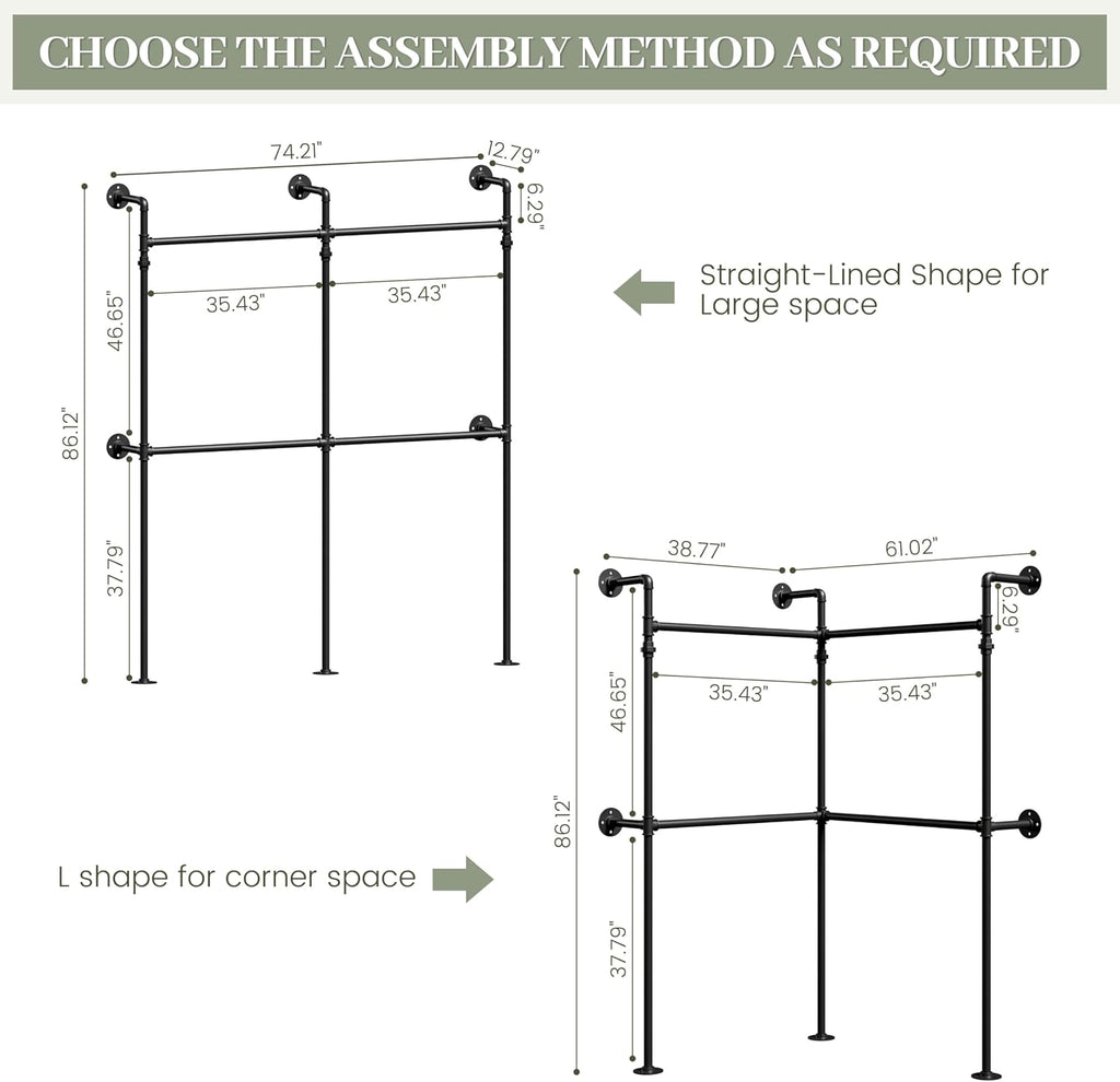 Industrial Pipe Garment Rack, Reversible L - Shaped Wall - Mounted Clothing Rack, 70.9' Heavy Duty Closet Wardrobe System, Black Powder - Coated Steel for Walk - in Closet