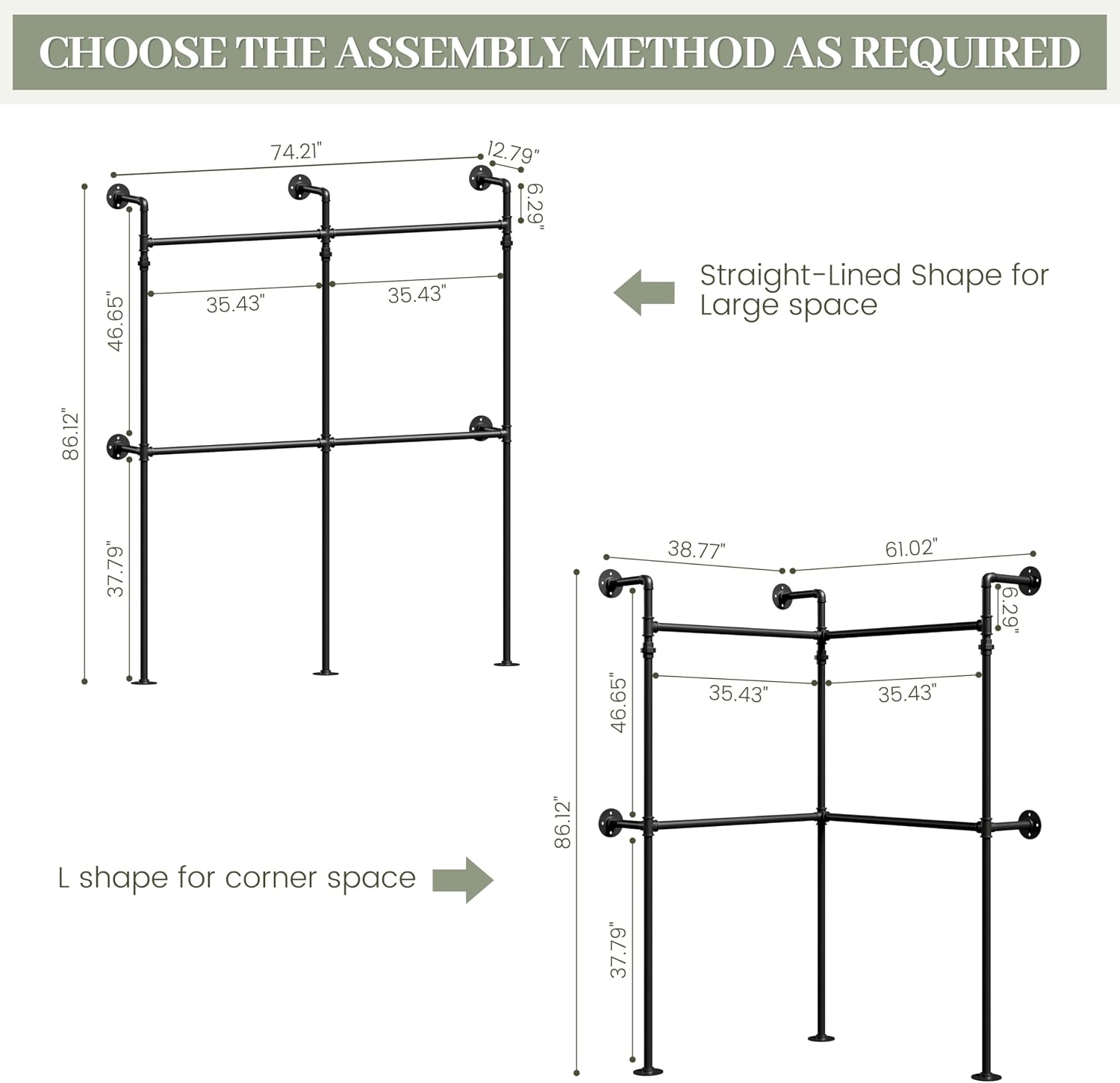 Industrial Pipe Garment Rack, Reversible L - Shaped Wall - Mounted Clothing Rack, 70.9' Heavy Duty Closet Wardrobe System, Black Powder - Coated Steel for Walk - in Closet