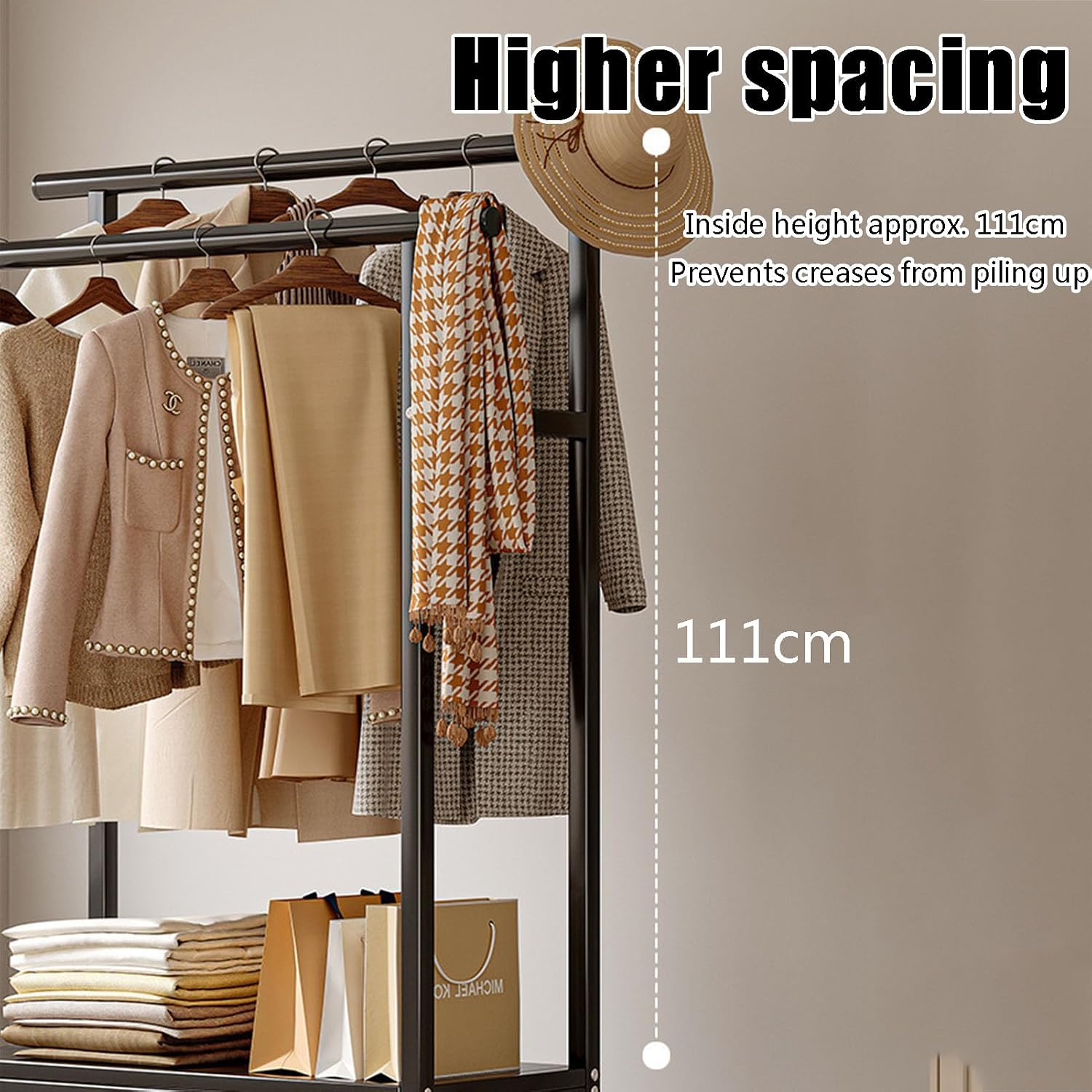 Clothing Rack, coat rack with Wheels Rolling Clothes Rack with Storage Coat Rack Stand Modern Garment Rack for Bedroom Boutiques Heavy Duty Coat Hanger Rack
