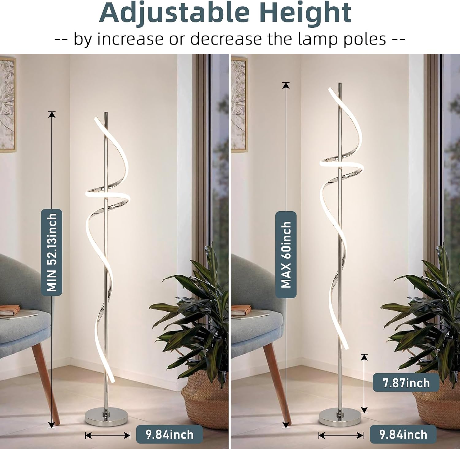 Modern Floor Lamp with Remote Control, Dimmable LED Floor Lamp for Living Room, 48W Spiral Floor Light with 3 Color Temperatures, Chrome Standing Tall Lamp for Bedroom Dining Rooms Home Offices