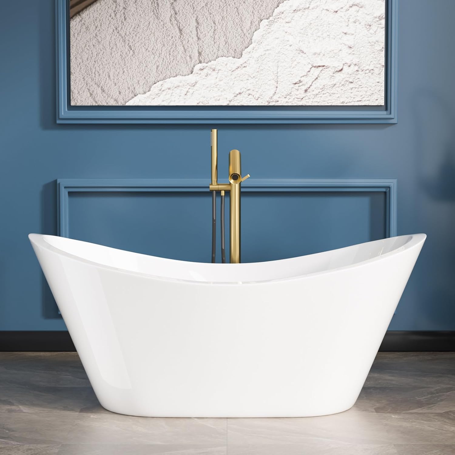 Sarlai 59 Inch Acrylic Freestanding Soaking Bathtub Contemporary Soaking White Tub Stand Alone Ergonomic Bathtub with Chrome Drain and Overflow