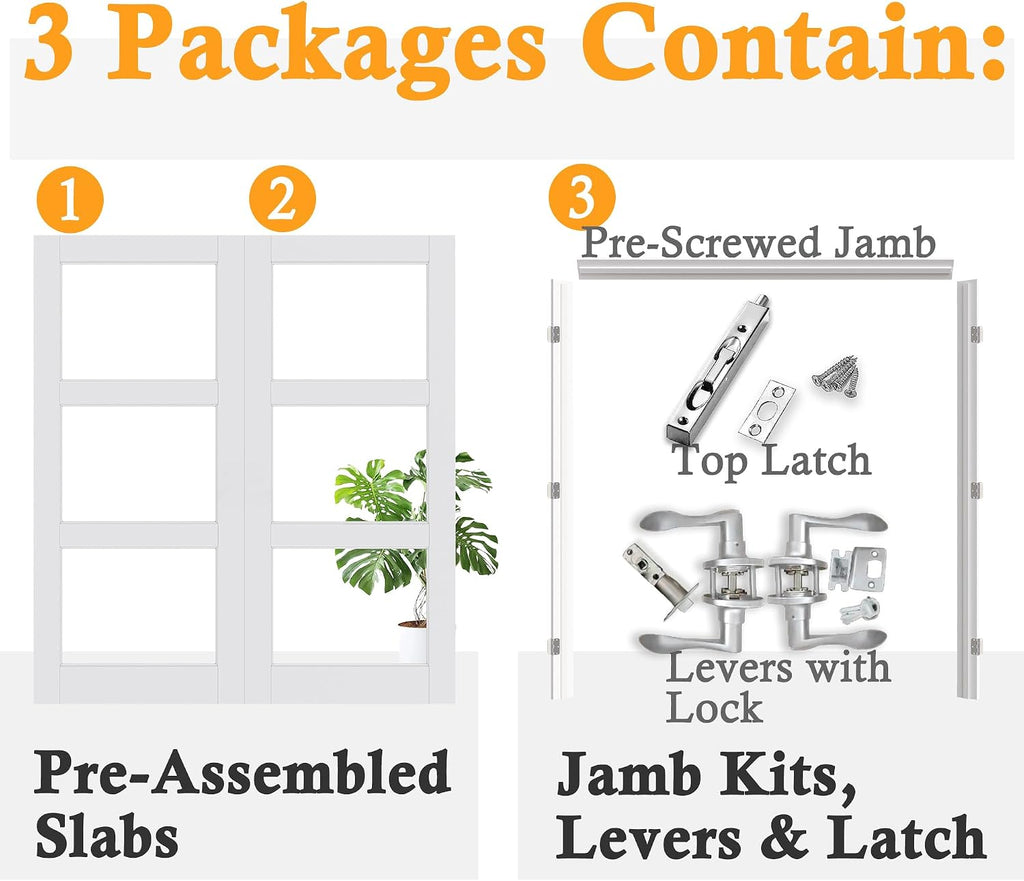 Prehung French Door 72' x 80' (2x36 in), 3-Lite Tempered Clear Glass Door Slabs with Jamb, Silver Hinges, 4 Levers & Latch, Solid Core Interior Door, Pre-Finished & Paintable,Double Doors Interior