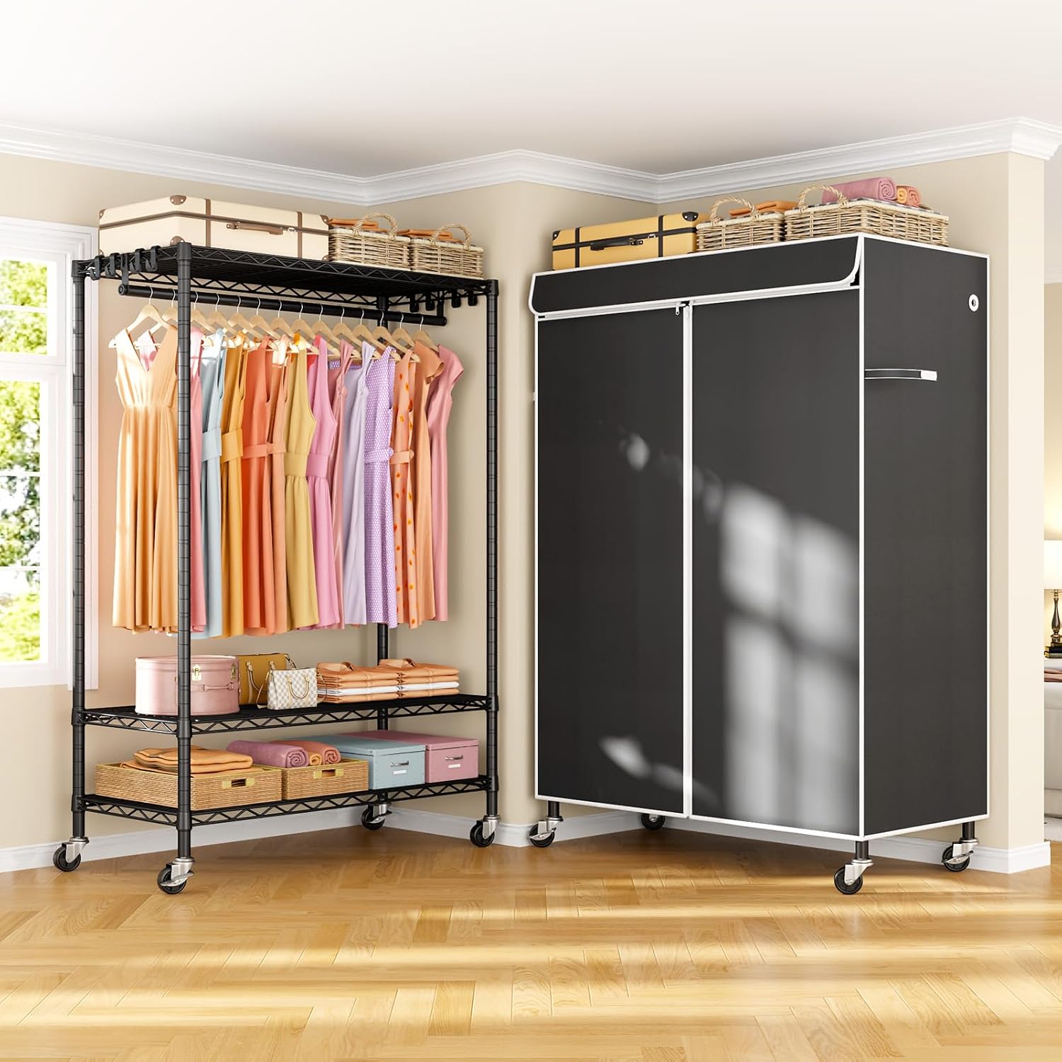 ULIFHOME P6C Plus & H5C Clothes Rack with Cover, Covered Clothing Rack Heavy Duty, Portable Closet for Hanging Clothes, Black Closet Rack with Black Cover, P6C Plus with Wheels, H5c without Wheels